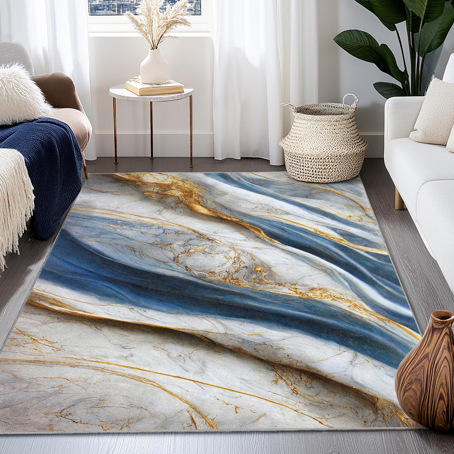 Luxury Blue and Gold Marble Rectangular Rug | Elegant Home Decor Carpet | Soft and Washable Area Rug for Living Room