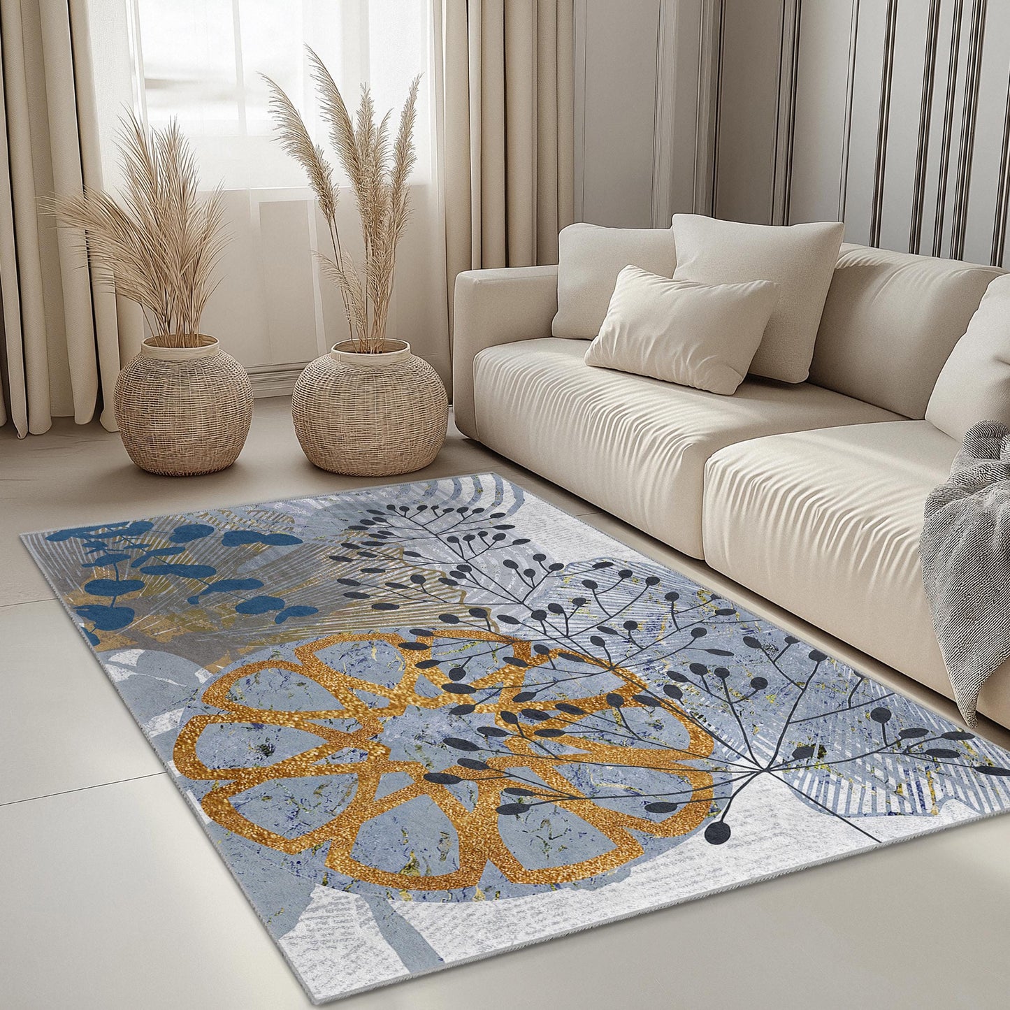 Botanical Citrus Print Rectangular Area Rug | Modern Floral Design for Living Room | Stylish Home Decor Carpet | Soft and Washable