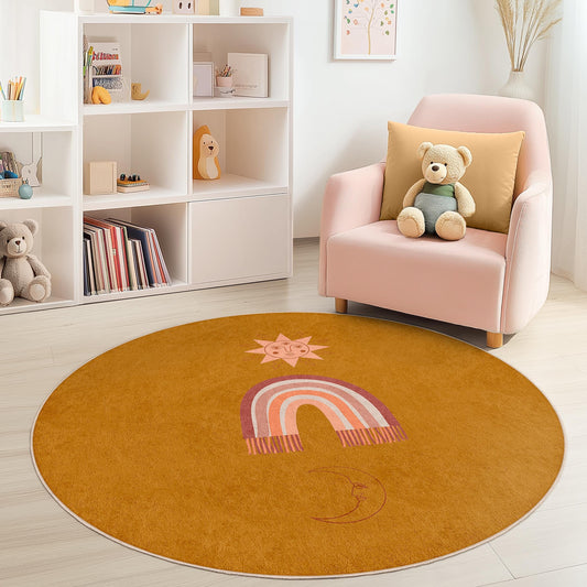 Sun and Moon Rainbow Round Kids Rug, Boho Nursery Decor, Colorful Round Rug for Children's Room, Playroom Carpet