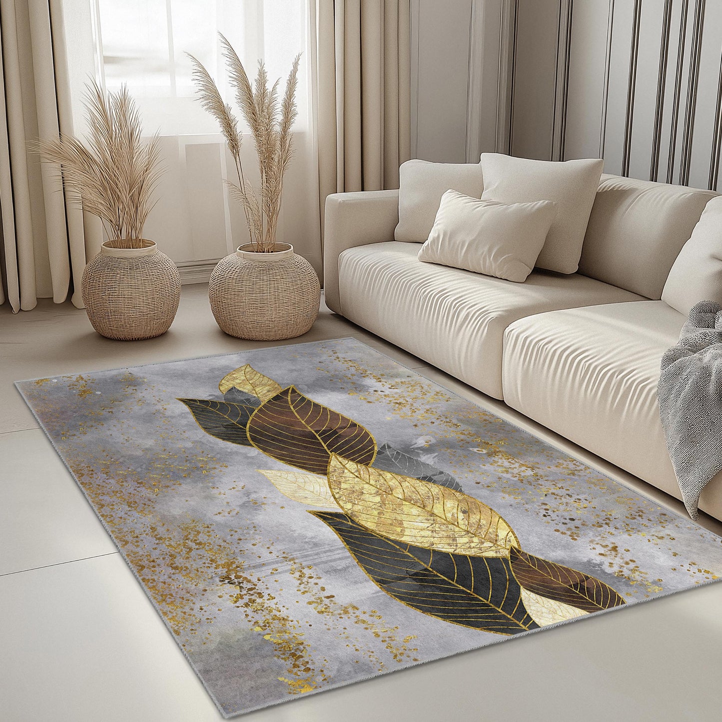 Gold Leaf Botanical Rug: Modern Elegant Home Decor