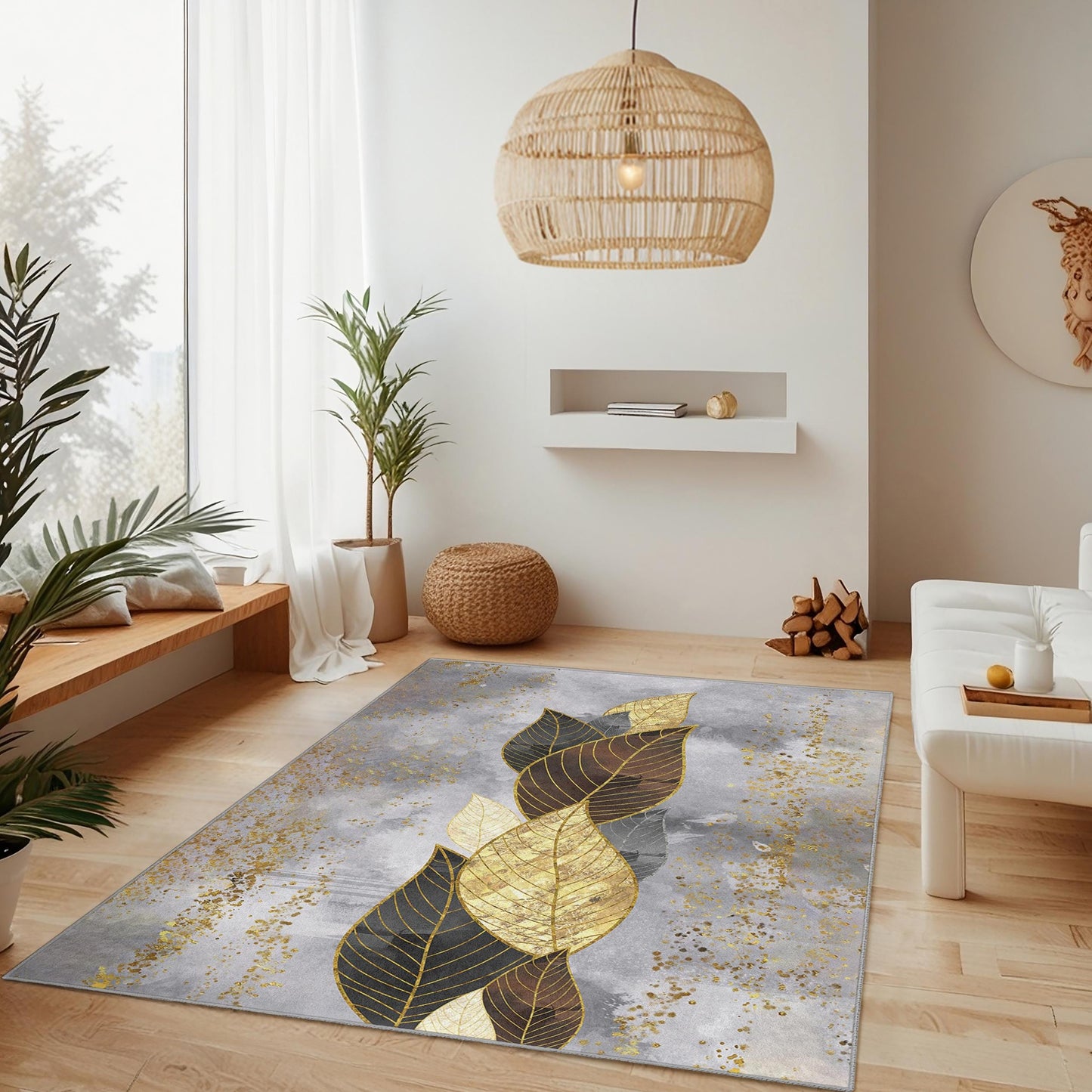 Gold Leaf Botanical Rug: Modern Elegant Home Decor