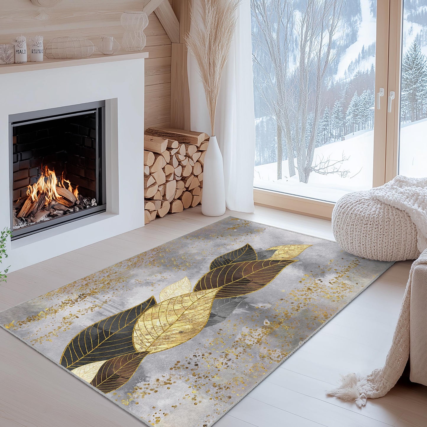 Gold Leaf Botanical Rug: Modern Elegant Home Decor
