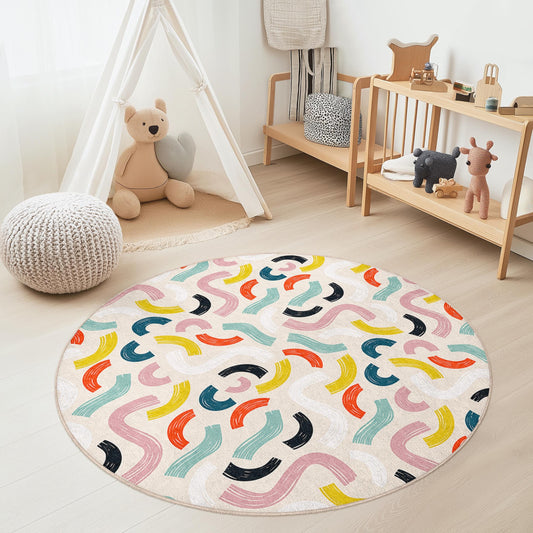 Colorful Wavy Pattern Round Kids Rug, Playful Design Area Rug, Soft Nursery Carpet for Kids Room, Modern Decor for Playroom