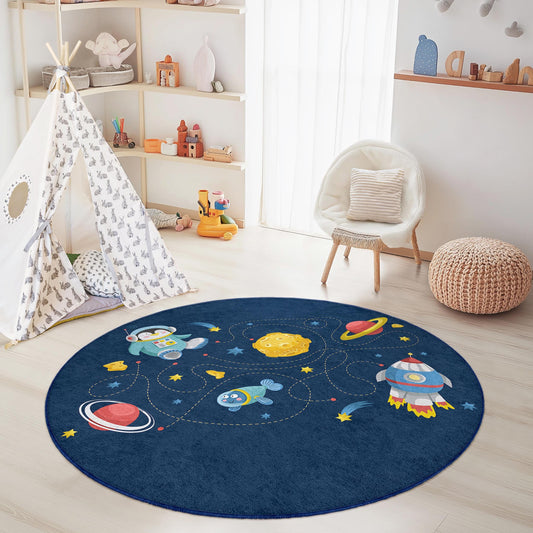 Space Adventure Round Kids Rug, Astronaut Theme Play Mat, Galaxy Decor for Kids Room, Fun Space Carpet, Nursery Play Area