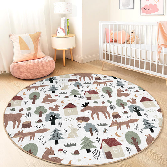 Forest Animals Round Kids Play Rug, Woodland Theme Nursery Carpet, Cute Animal Rug for Playroom, Kids Room Decor