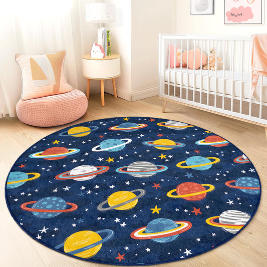 Colorful Planet Themed Round Kids Rug, Space Design Play Mat, Cosmic Kids Room Decor, Nursery Rug for Boys and Girls