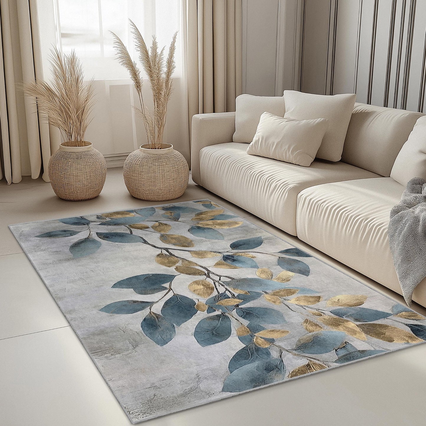 Elegant Leaf Pattern Area Rug | Modern Rectangular Floor Mat | Stylish Home Decor | Soft Cotton Decorative Carpet