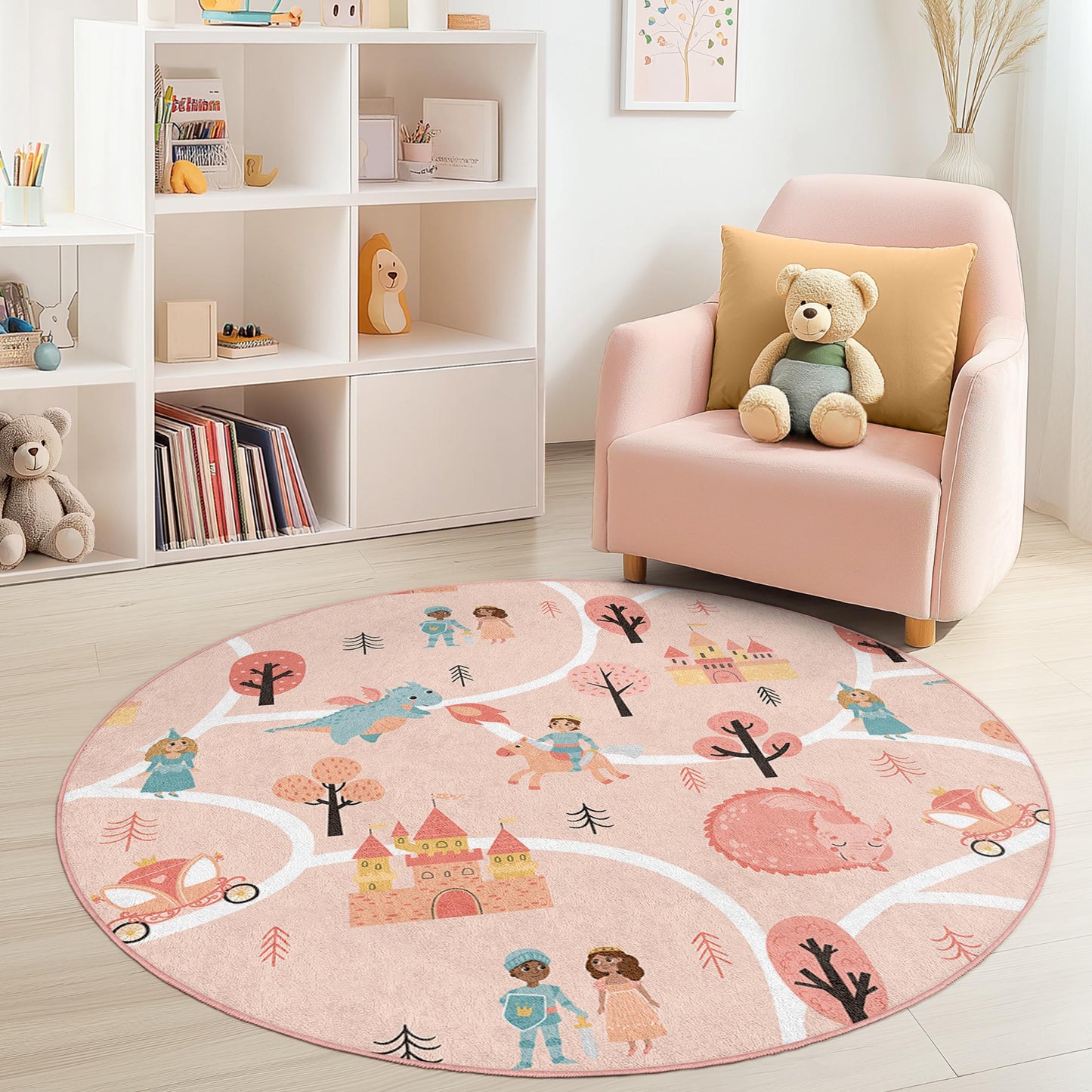 Fairytale Adventure Round Kids Play Rug, Princess Castle Kids Rug, Magical Kids Room Decor, Fantasy Play Mat for Children