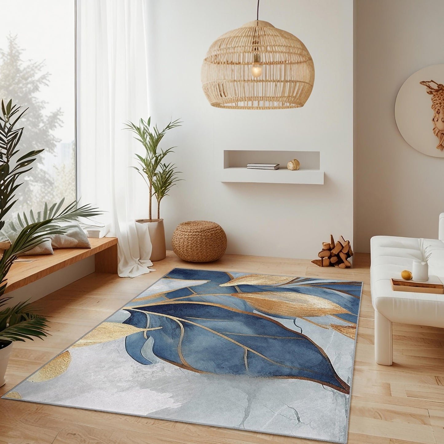 Elegant Blue and Gold Leaf Design Rectangle Rug | Modern Botanical Carpet for Living Room | Stylish Home Decor