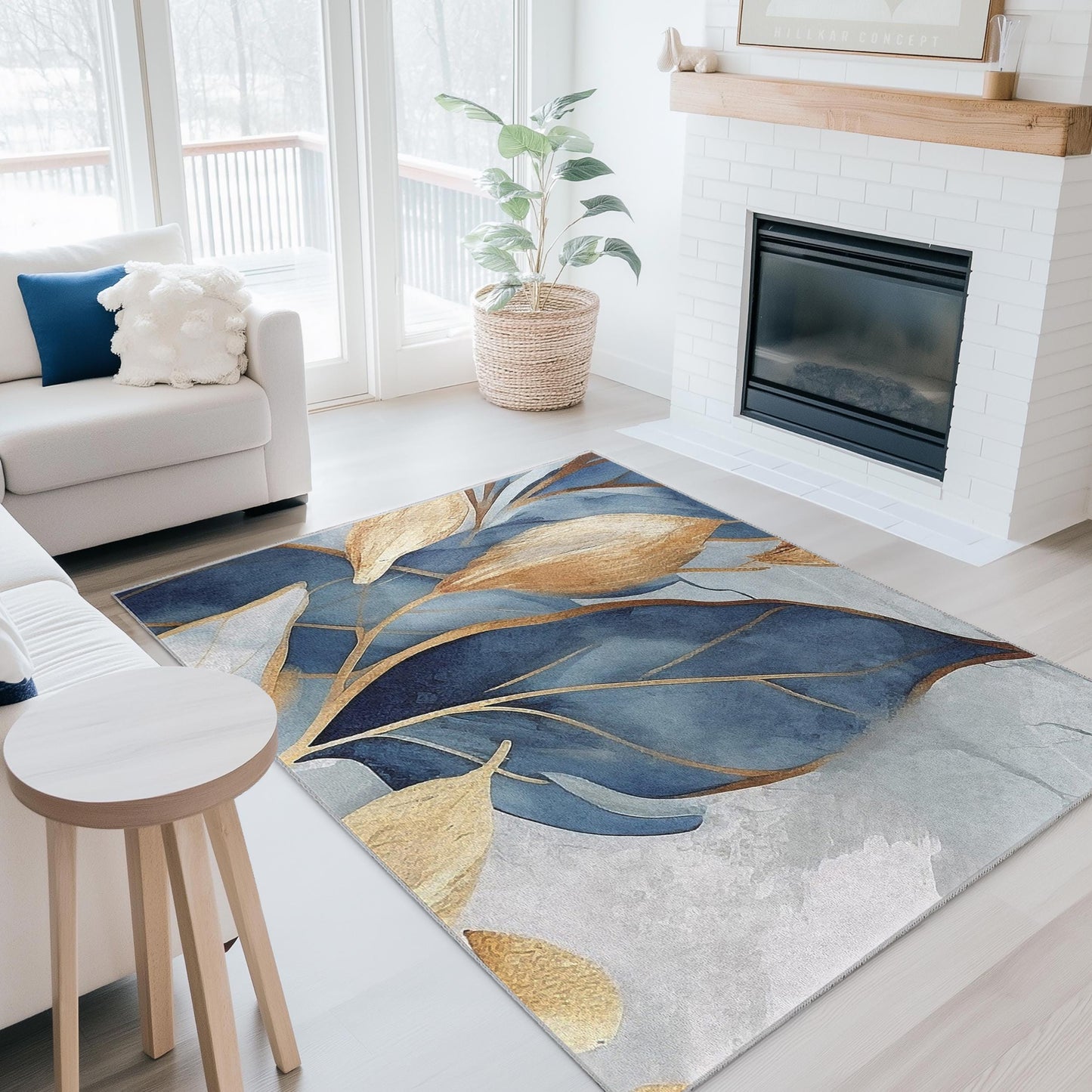 Elegant Blue and Gold Leaf Design Rectangle Rug | Modern Botanical Carpet for Living Room | Stylish Home Decor