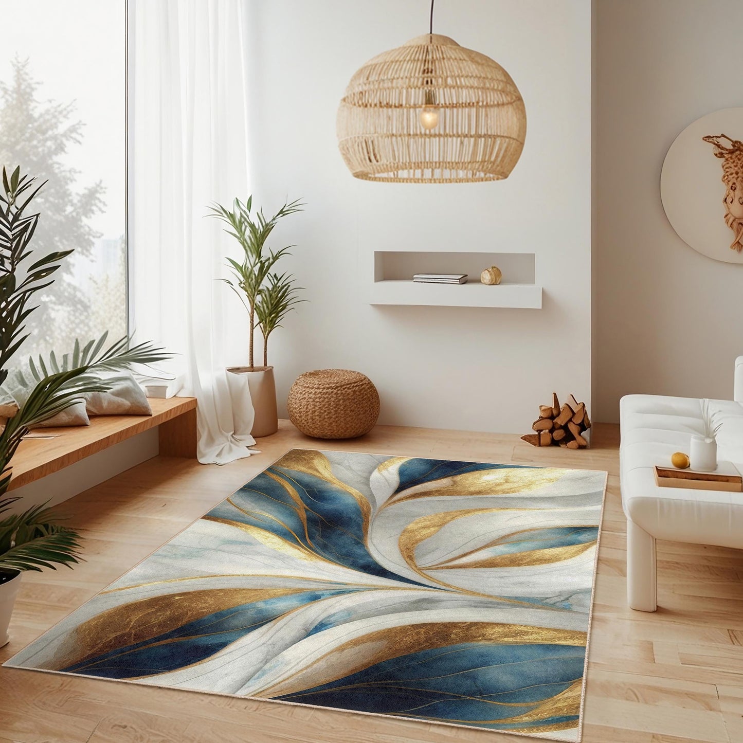 Elegant Gold and Blue Floral Rectangular Rug | Luxurious Home Decor | Soft Cotton Carpet | High-Resolution Print Area Rug