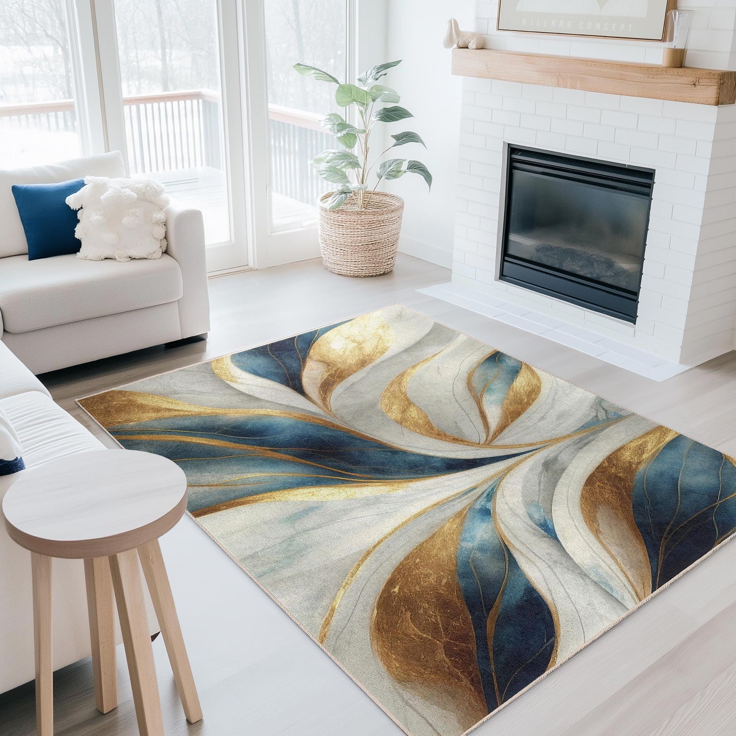 Elegant Gold and Blue Floral Rectangular Rug | Luxurious Home Decor | Soft Cotton Carpet | High-Resolution Print Area Rug
