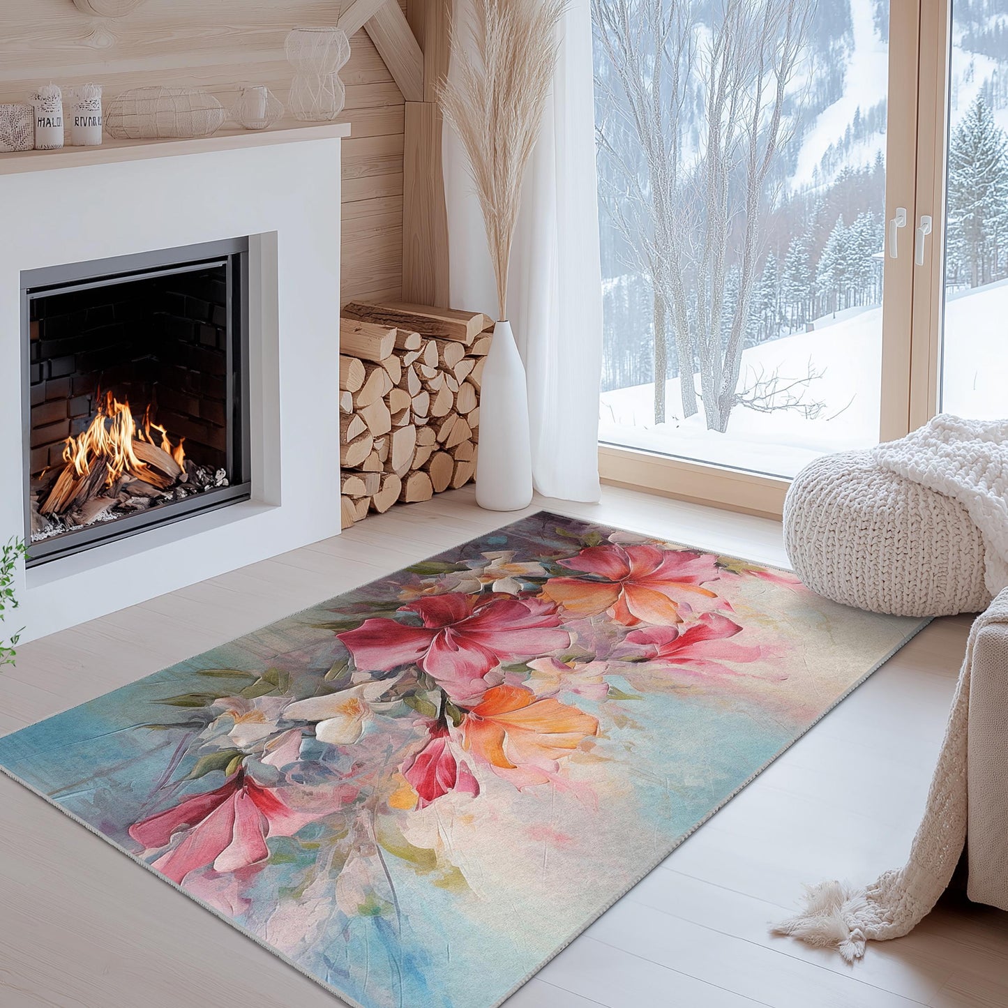 Vibrant Floral Design Rectangular Area Rug | Soft Cotton Carpet for Living Room | Luxurious Flower Print Home Decor