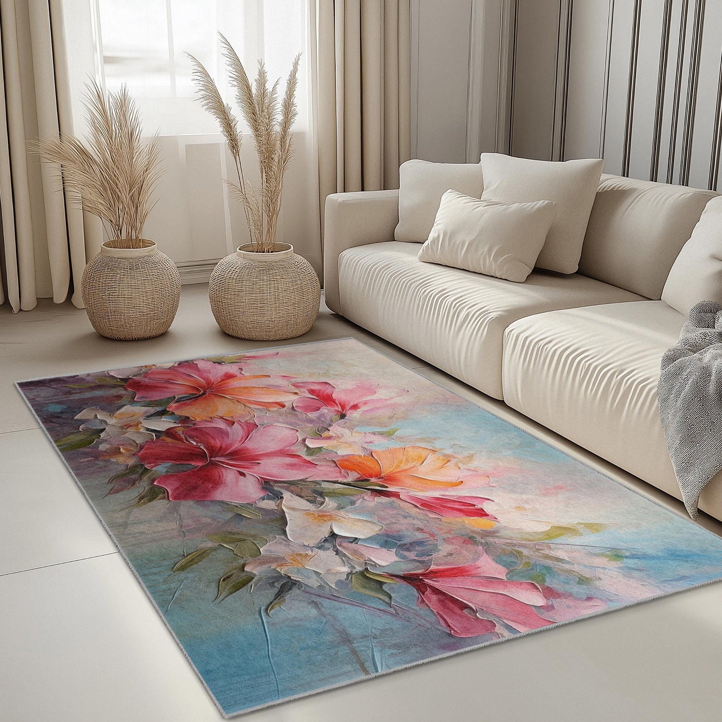 Vibrant Floral Design Rectangular Area Rug | Soft Cotton Carpet for Living Room | Luxurious Flower Print Home Decor
