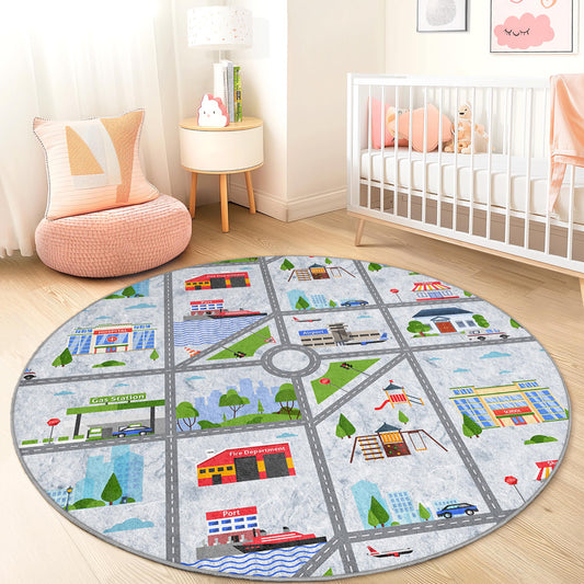 City Map Round Kids Play Rug, Interactive Play Mat for Kids Room, Soft Round Carpet for Playroom, Educational Kids Rug