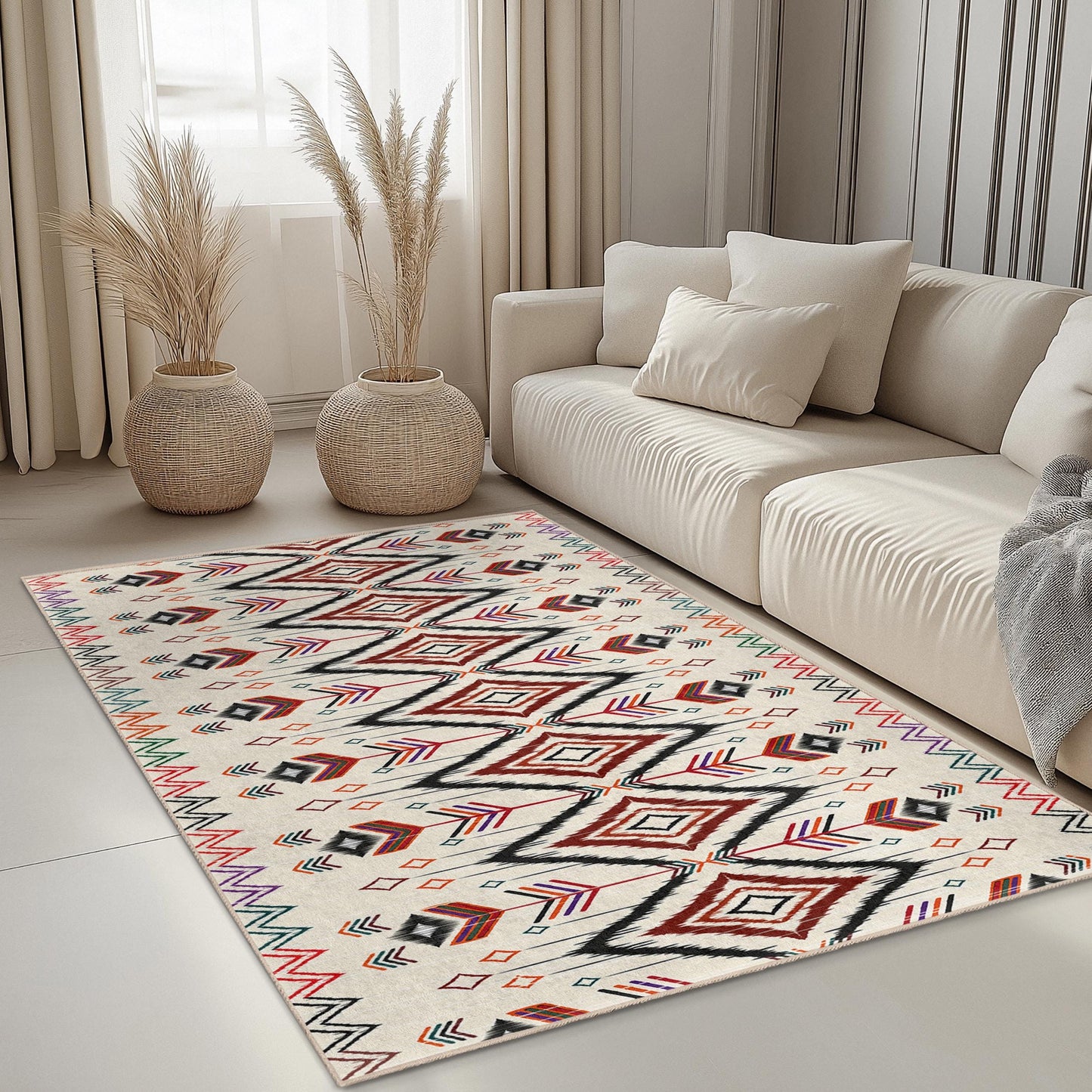 Geometric Patterned Rectangle Rug | Modern Bohemian Area Carpet | Stylish Living Room Decor | Versatile Home Accent