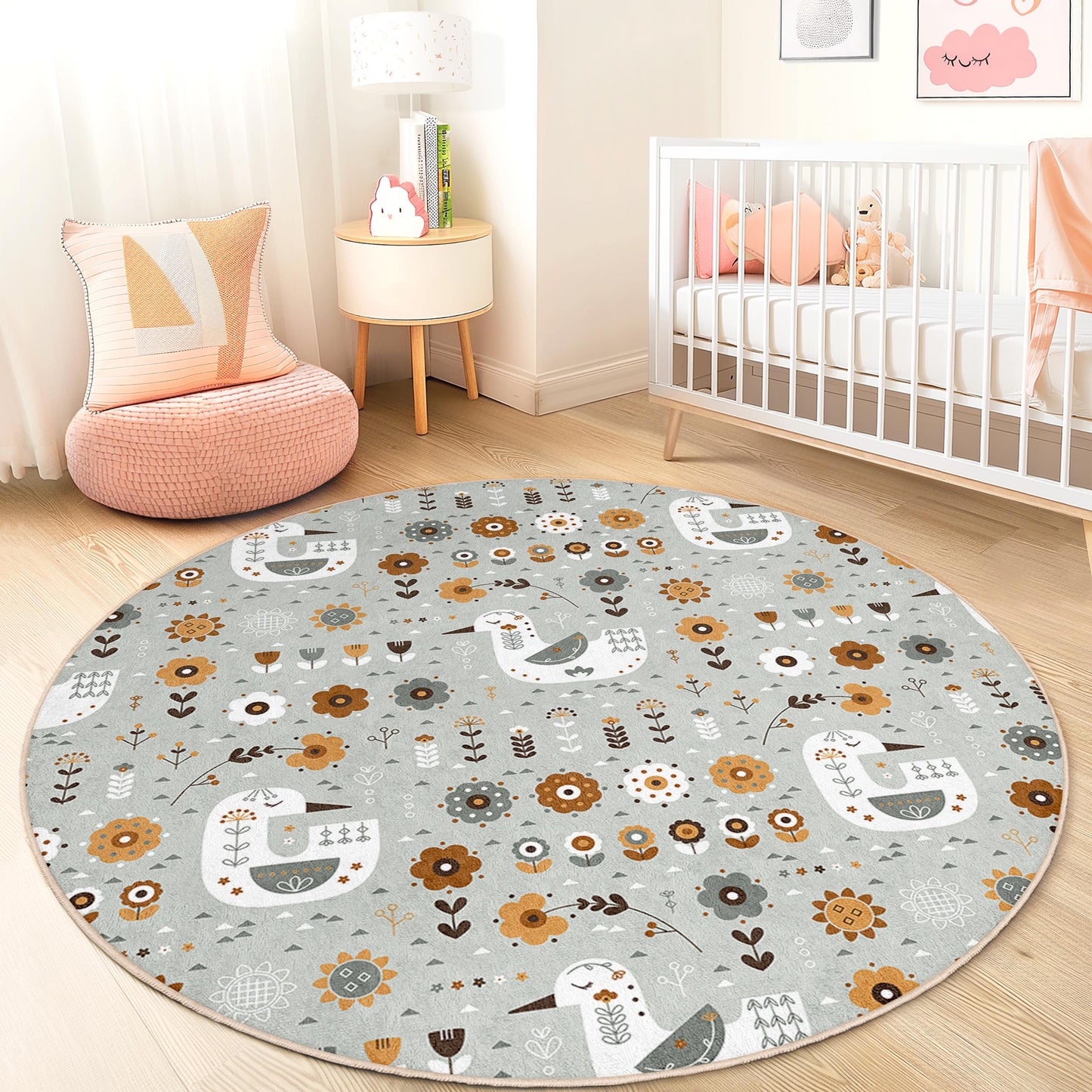 Whimsical Flower and Bird Round Kids Rug, Floral Playroom Floor Mat, Cozy Nursery Decor, Soft Children's Carpet