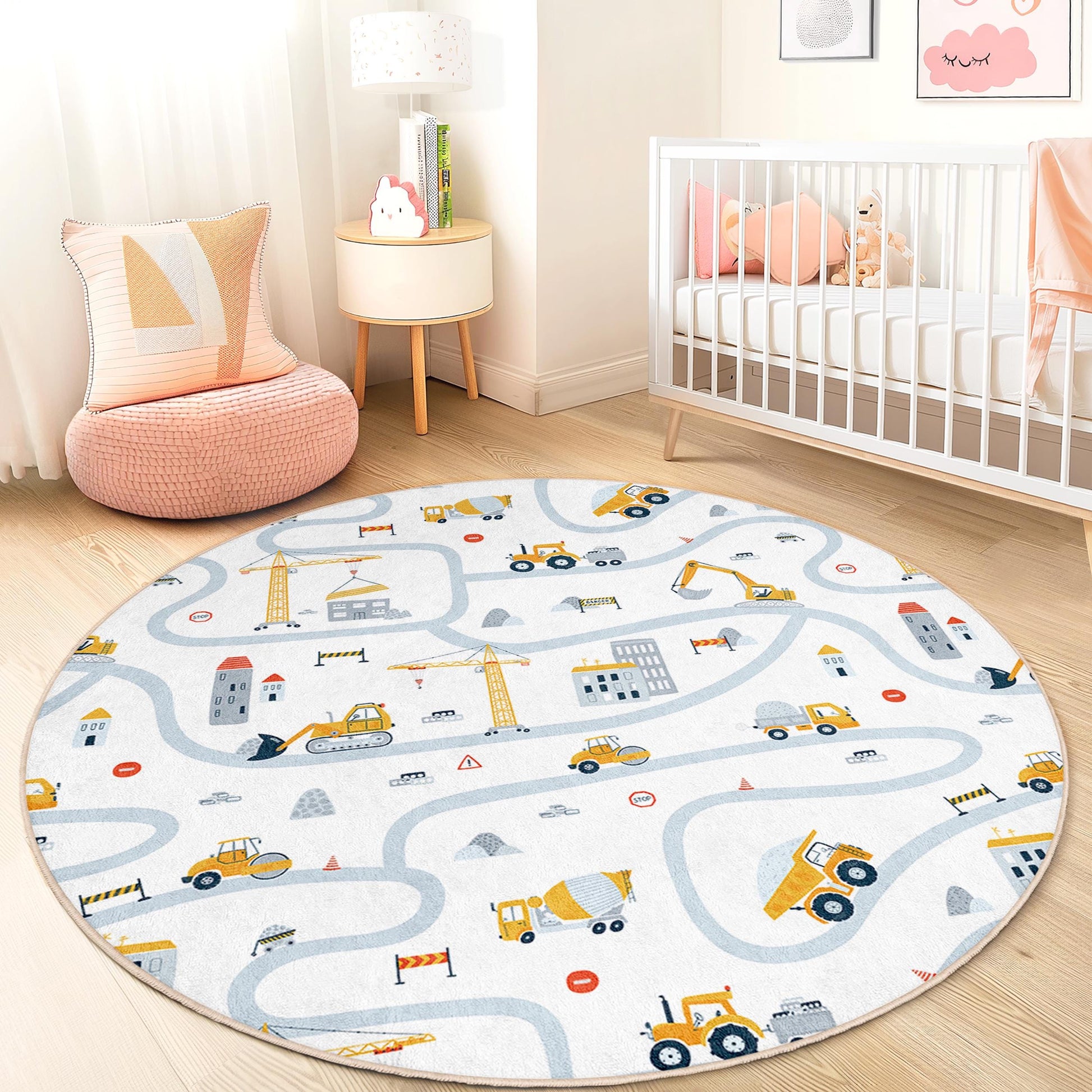 Construction Site Round Kids Play Rug, Kids Road Map Carpet, Playroom Decor, Nursery Rug, Soft Play Mat for Children