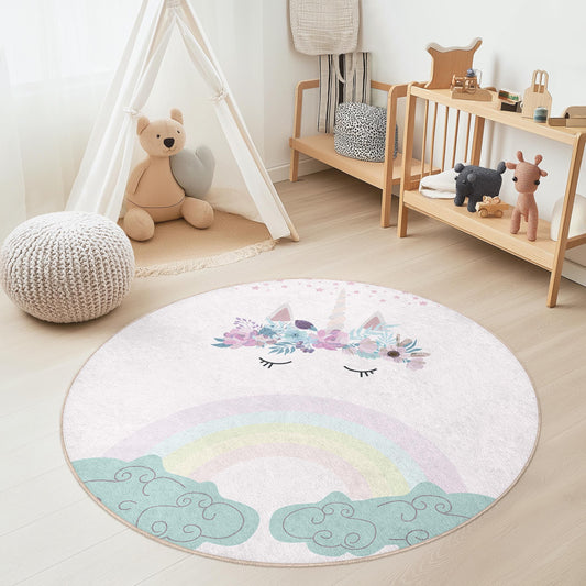 Whimsical Unicorn Round Rug, Cute Unicorn Play Mat, Kids Room Decor, Nursery Rug, Rainbow Themed Carpet, Soft Play Area Rug