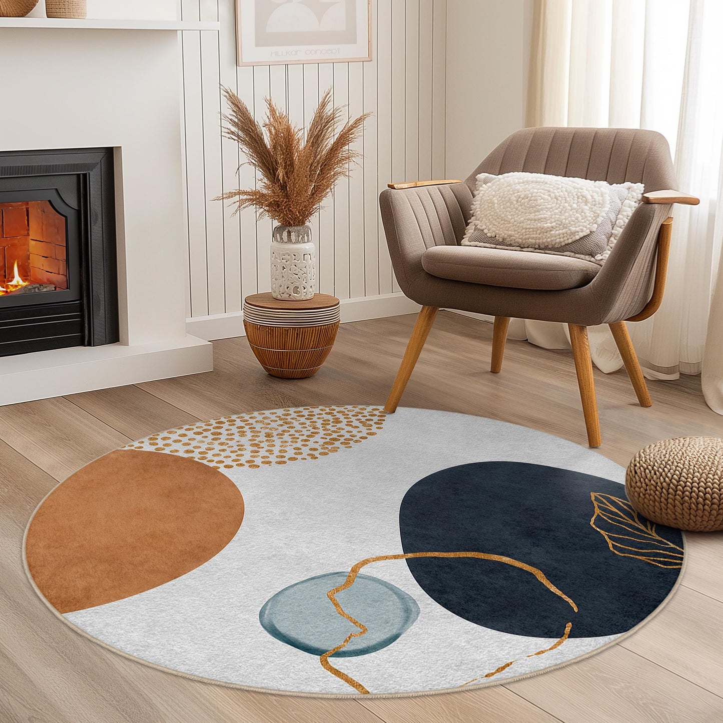 Abstract Round Area Rug | Modern Design Cotton Carpet | Boho Chic Home Decor | Stylish Circle Floor Mat
