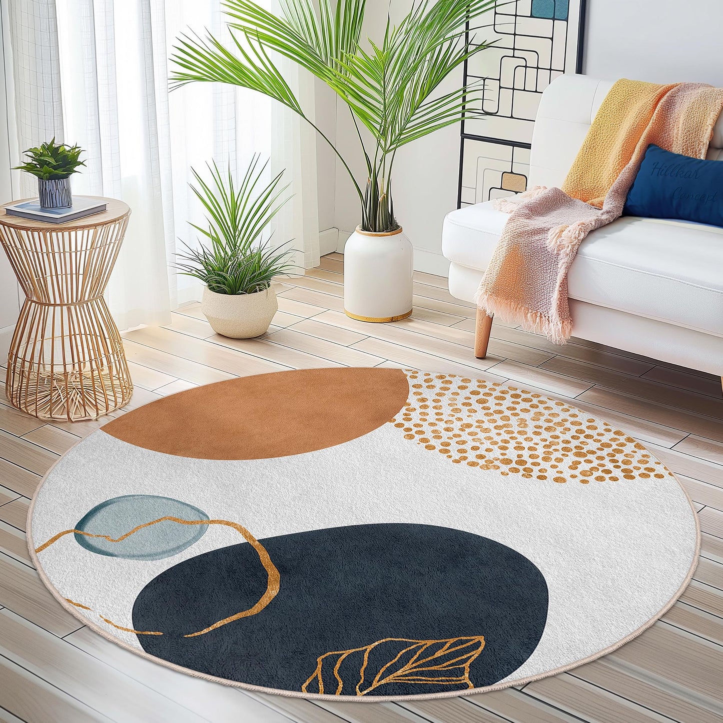 Abstract Round Area Rug | Modern Design Cotton Carpet | Boho Chic Home Decor | Stylish Circle Floor Mat