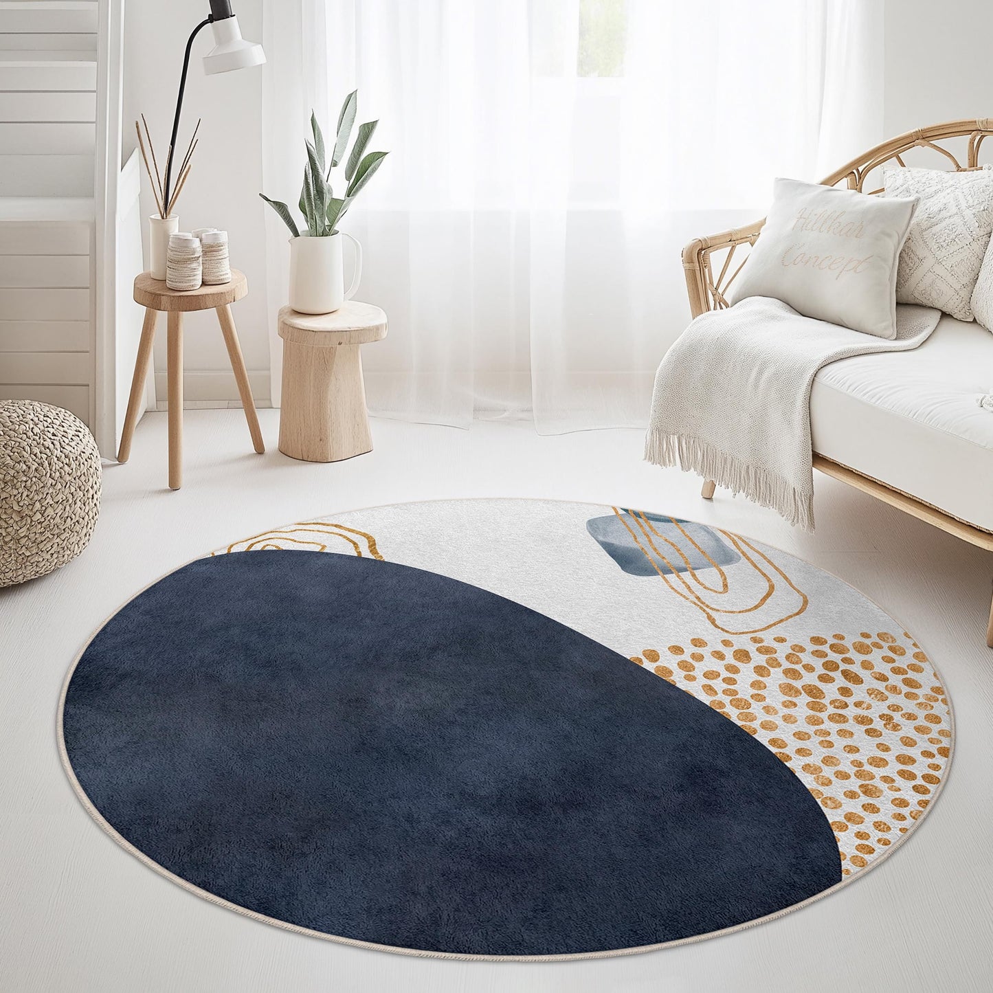 Geometric Pattern Round Area Rug | Modern Abstract Circle Carpet | Soft Cotton Floor Mat for Living Room | Stylish Home Decor