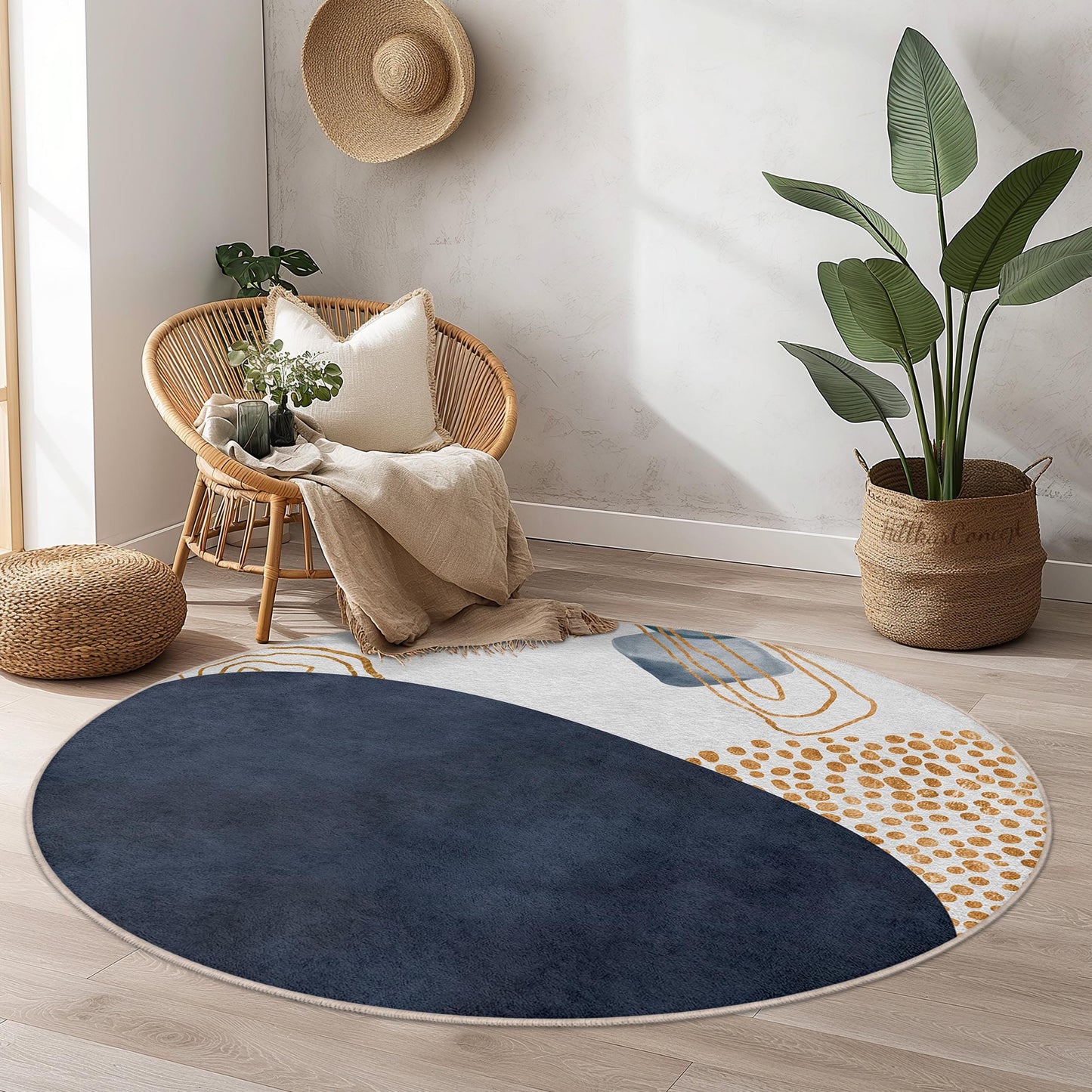 Geometric Pattern Round Area Rug | Modern Abstract Circle Carpet | Soft Cotton Floor Mat for Living Room | Stylish Home Decor