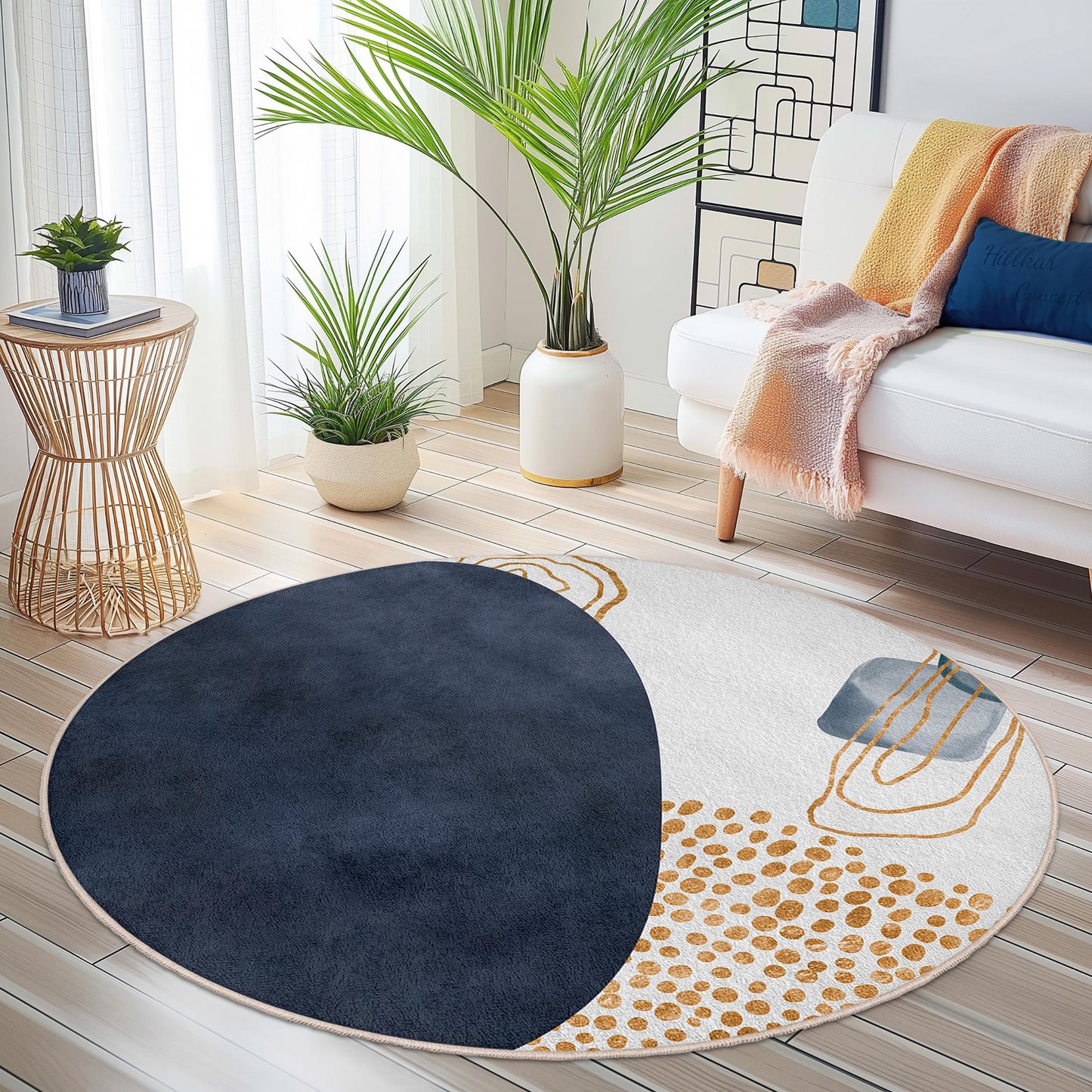 Geometric Pattern Round Area Rug | Modern Abstract Circle Carpet | Soft Cotton Floor Mat for Living Room | Stylish Home Decor