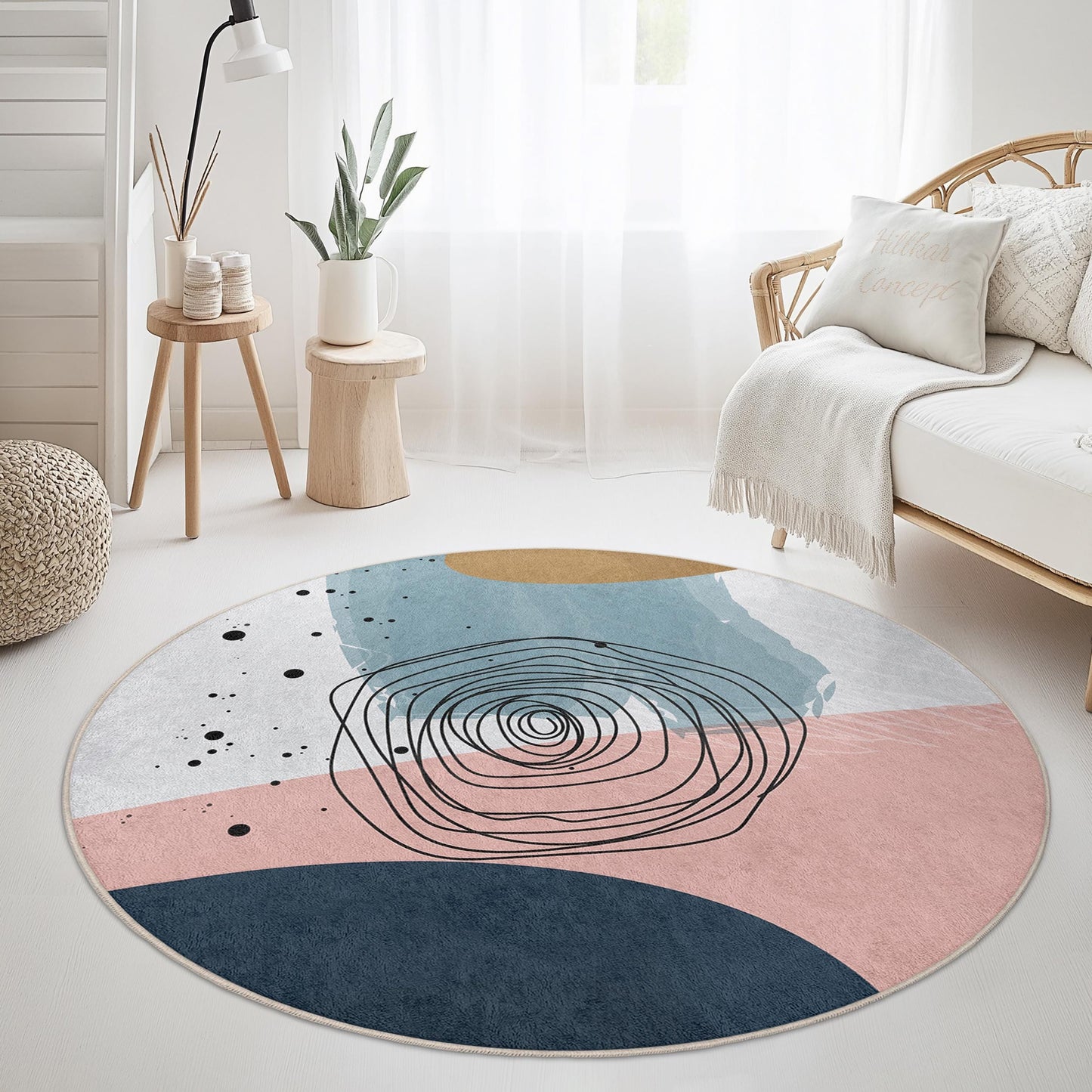 Abstract Circle Design Washable Round Rug | Modern Home Decor Carpet | Soft Cotton Area Mat | Stylish Living Room Accent