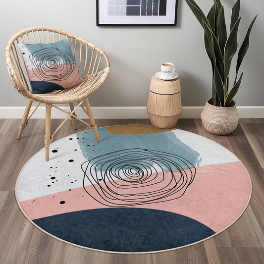 Abstract Circle Design Washable Round Rug | Modern Home Decor Carpet | Soft Cotton Area Mat | Stylish Living Room Accent