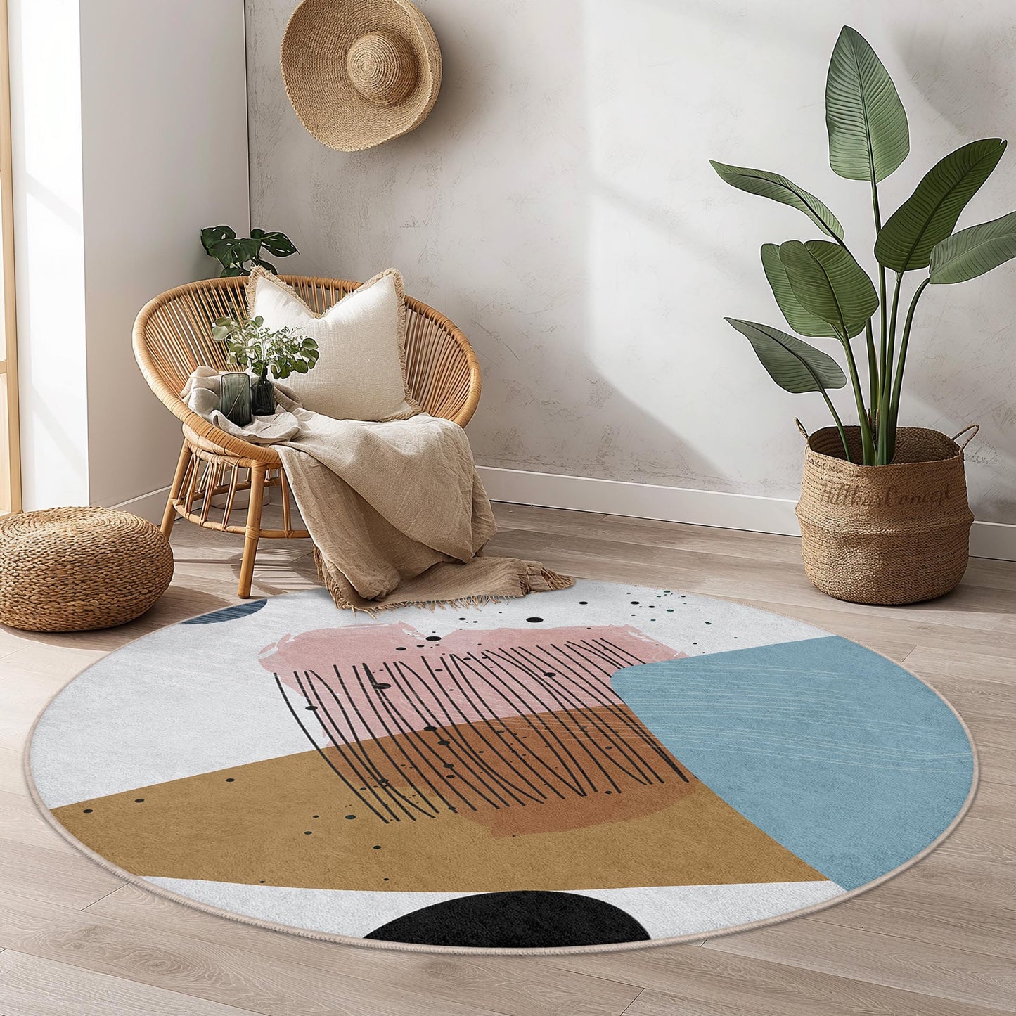 Abstract Art Round Area Rug | Modern Minimalist Carpet | Soft Cotton Floor Mat | Chic Home Decor