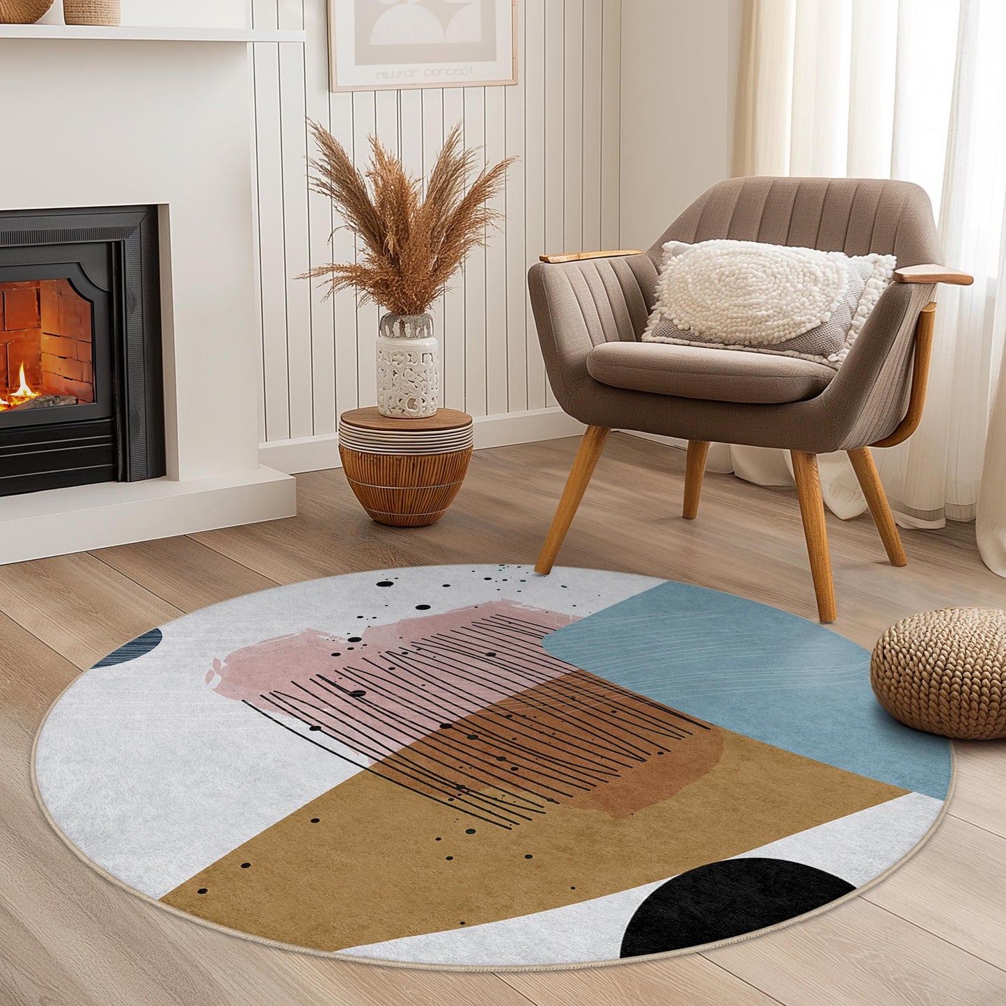 Abstract Art Round Area Rug | Modern Minimalist Carpet | Soft Cotton Floor Mat | Chic Home Decor