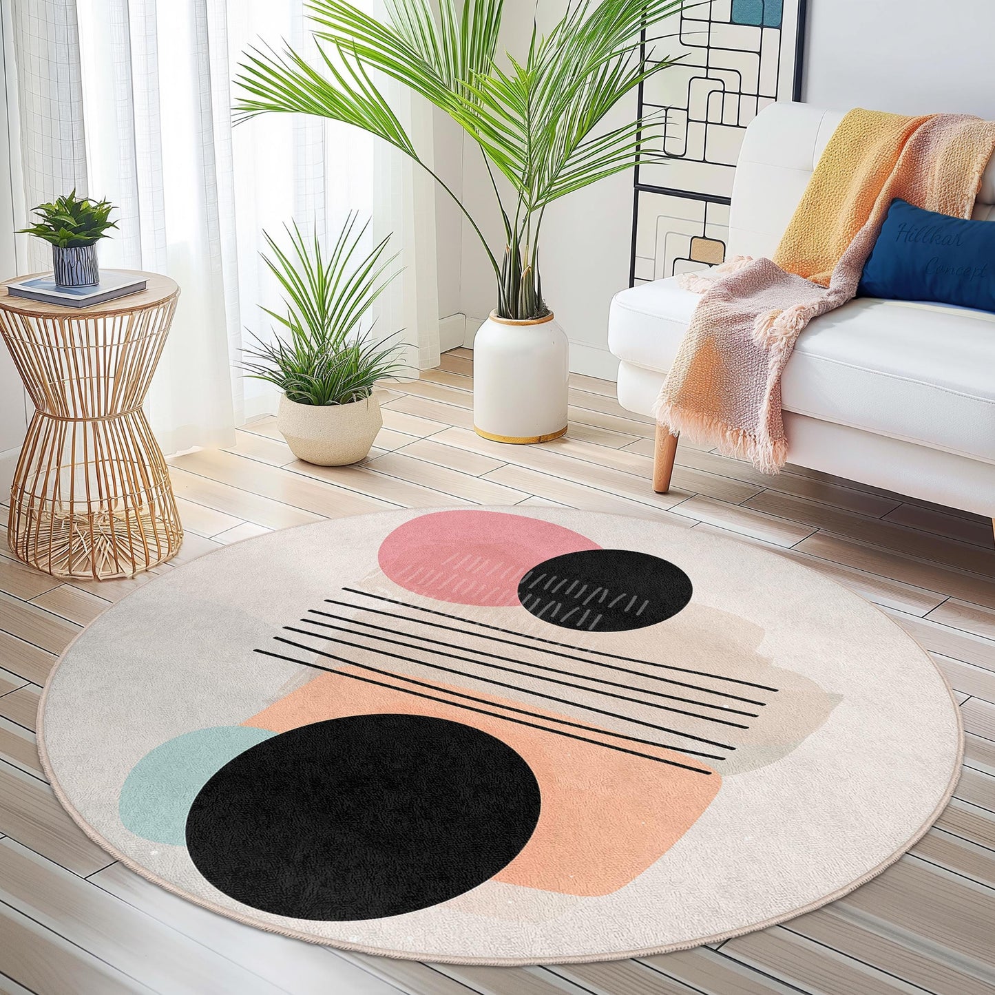 Abstract Geometric Round Rug | Modern Art Home Decor | Soft Cotton Circle Carpet | Stylish Living Room Accent