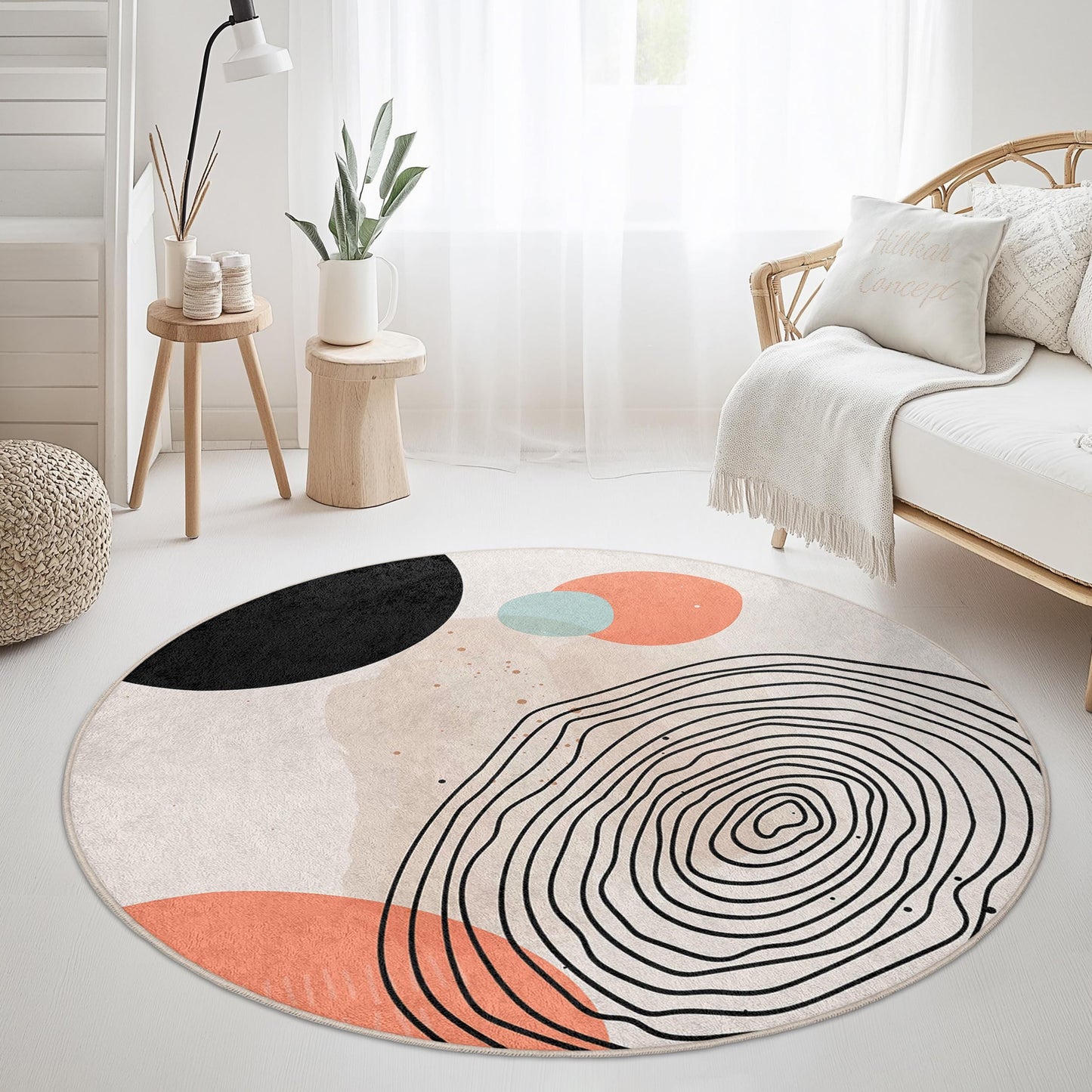 Abstract Circular Cotton Area Rug | Modern Round Carpet with Unique Designs | Soft Non-Slip Floor Mat for Living Room
