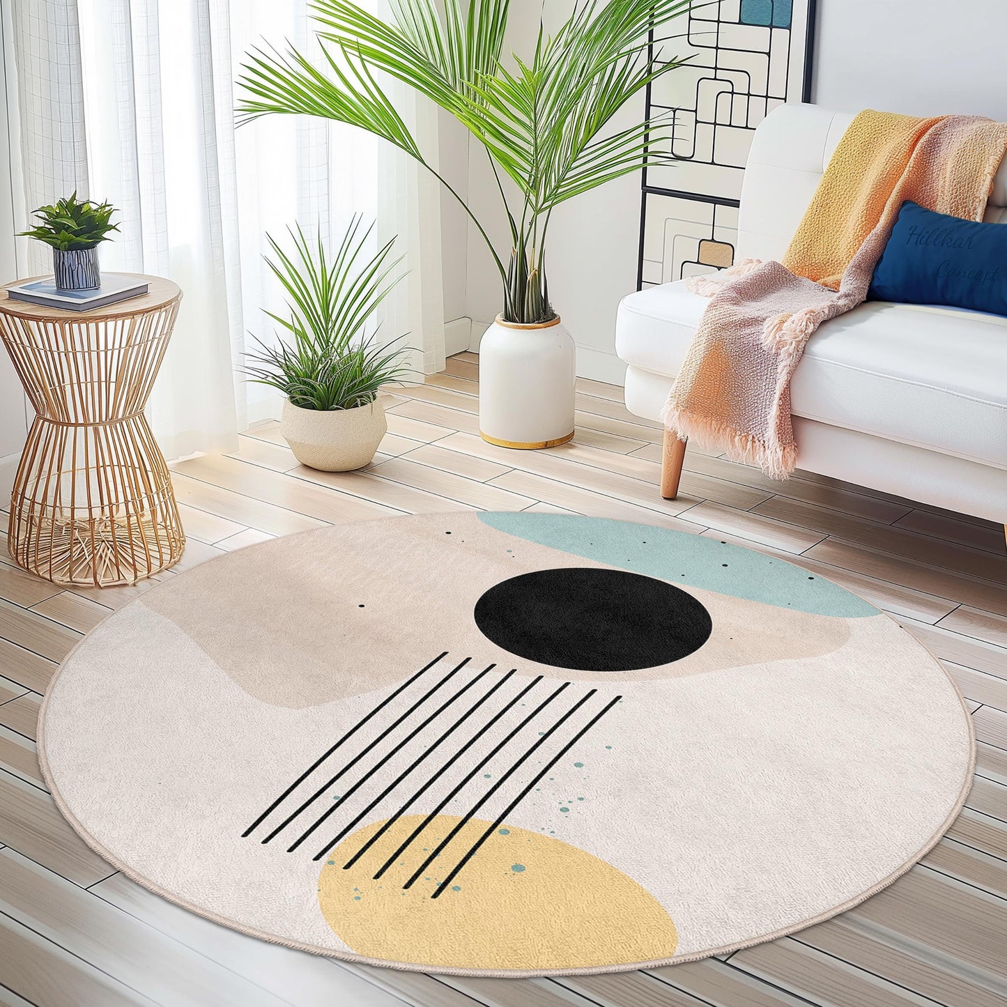 Abstract Geometric Round Area Rug | Modern Circle Carpet for Living Room | Soft Cotton Floor Mat | Trendy Home Decor