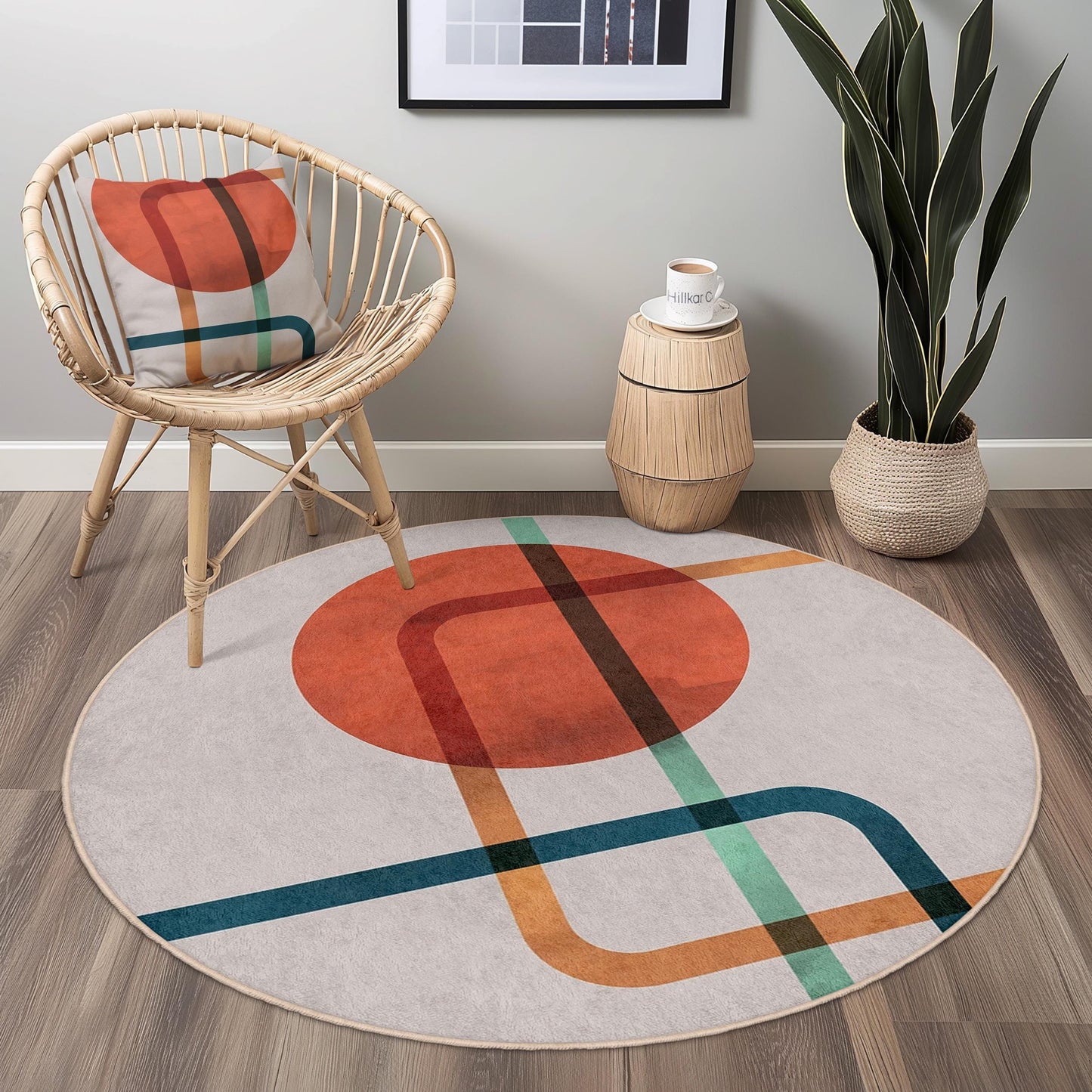 Abstract Geometric Round Area Rug | Modern Art Circle Carpet for Living Room | Stylish Home Decor | Soft Washable Print Mat