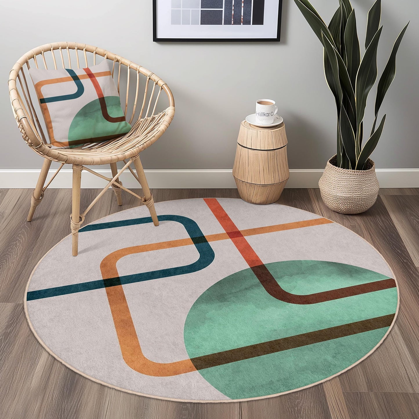 Abstract Geometric Round Area Rug | Modern Art Inspired Circular Carpet | Soft Cotton Non-Slip Mat for Living Room