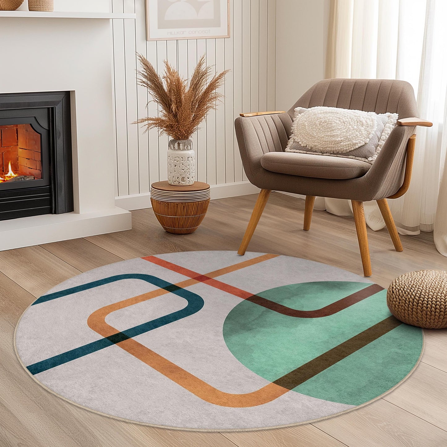 Abstract Geometric Round Area Rug | Modern Art Inspired Circular Carpet | Soft Cotton Non-Slip Mat for Living Room