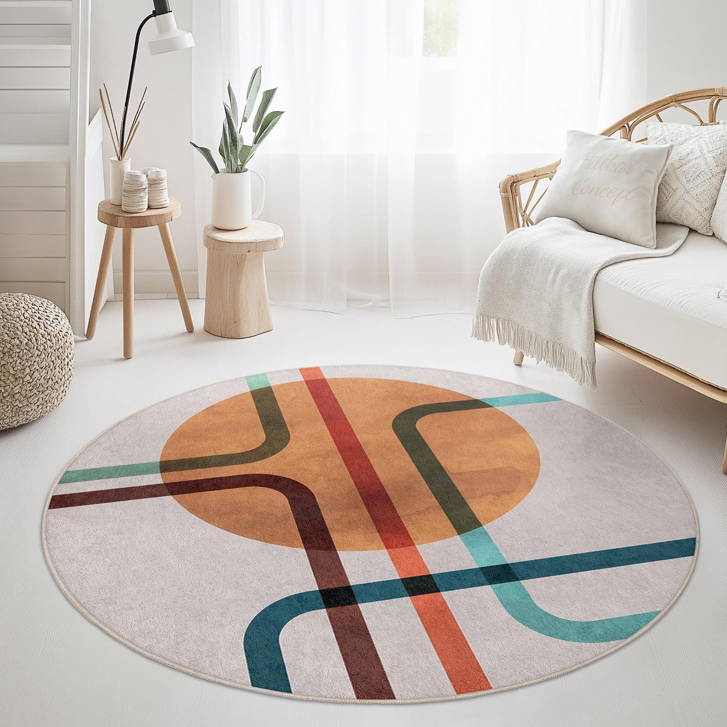 Geometric Round Area Rug | Modern Abstract Design Carpet | Soft Cotton Floor Mat for Living Room | Stylish Home Decor