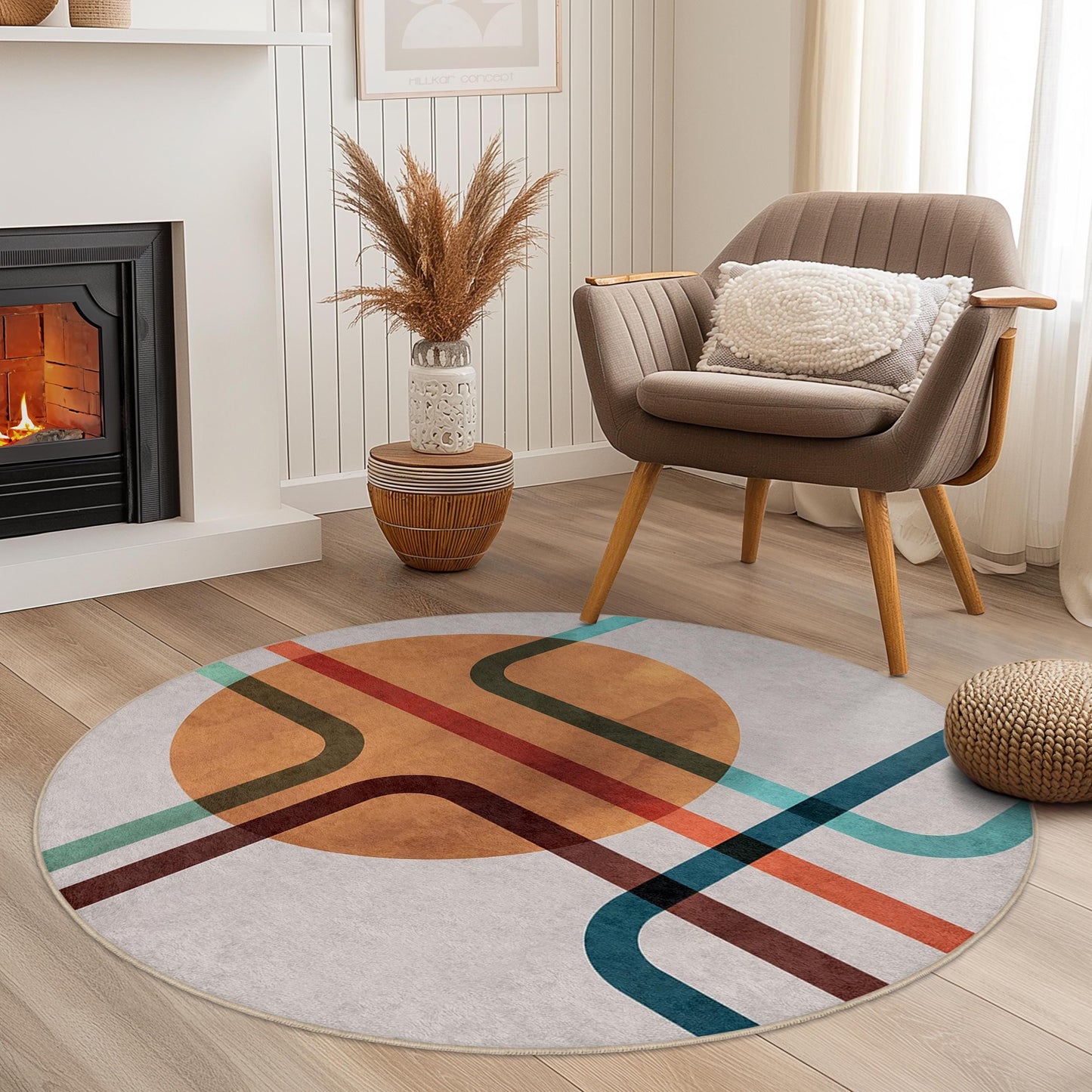 Geometric Round Area Rug | Modern Abstract Design Carpet | Soft Cotton Floor Mat for Living Room | Stylish Home Decor