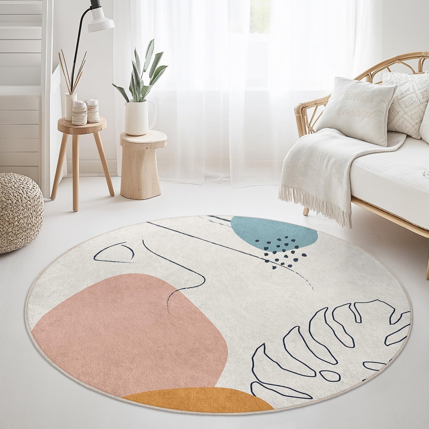 Abstract Round Area Rug | Modern Boho Circular Carpet | Soft Cotton Floor Mat | Stylish Home Decor for Living Room