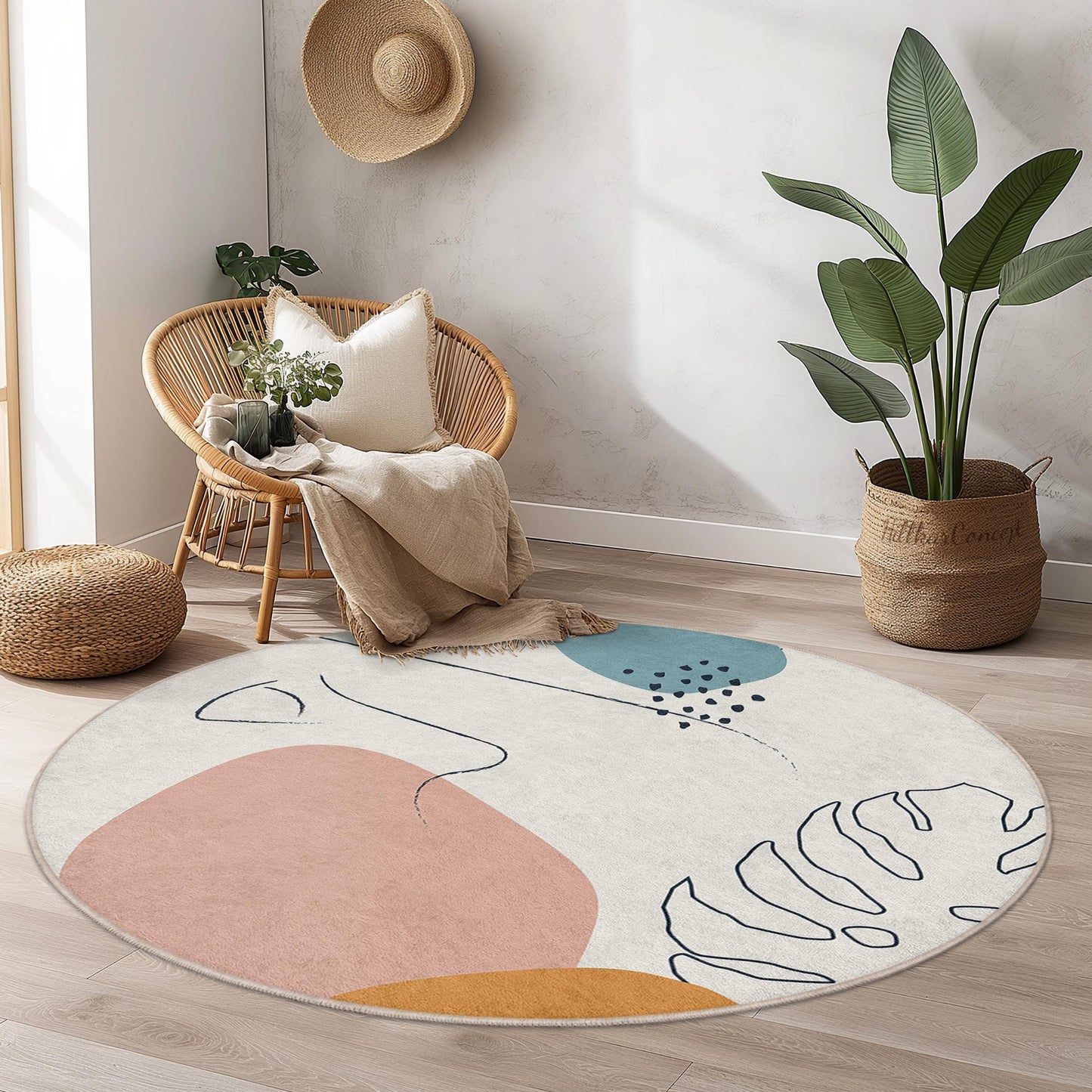 Abstract Round Area Rug | Modern Boho Circular Carpet | Soft Cotton Floor Mat | Stylish Home Decor for Living Room