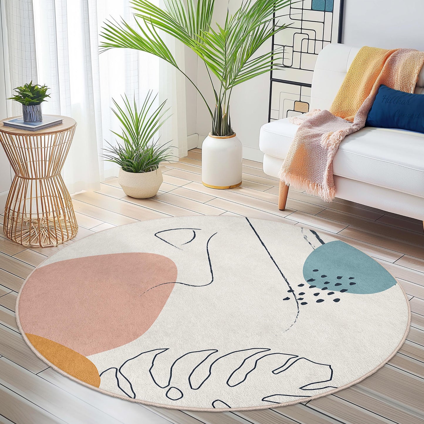 Abstract Round Area Rug | Modern Boho Circular Carpet | Soft Cotton Floor Mat | Stylish Home Decor for Living Room