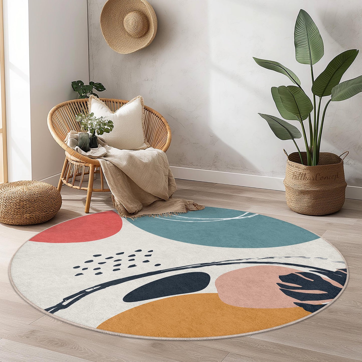 Abstract Geometric Round Area Rug | Modern Artistic Floor Mat | Soft Cotton Circular Carpet for Living Room