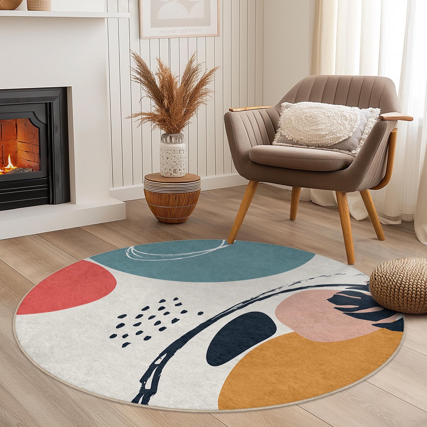 Abstract Geometric Round Area Rug | Modern Artistic Floor Mat | Soft Cotton Circular Carpet for Living Room