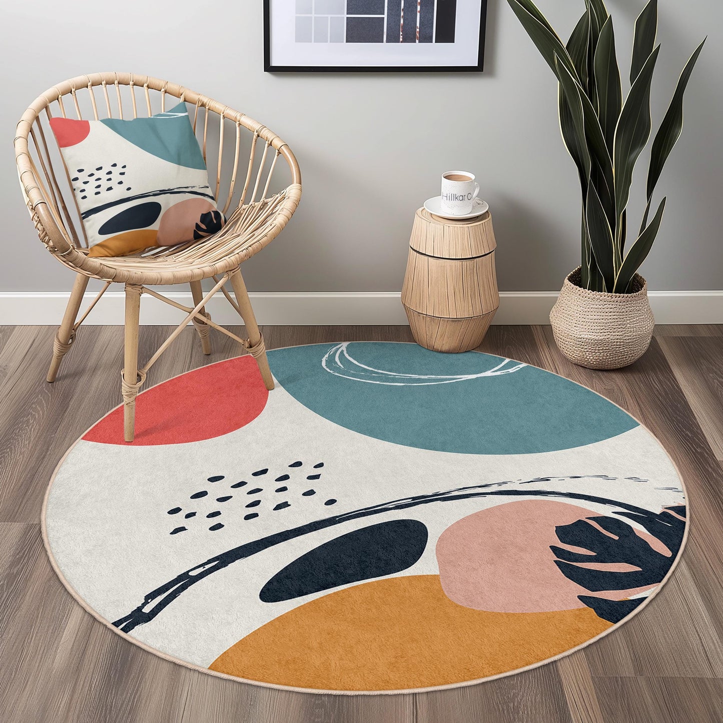 Abstract Geometric Round Area Rug | Modern Artistic Floor Mat | Soft Cotton Circular Carpet for Living Room