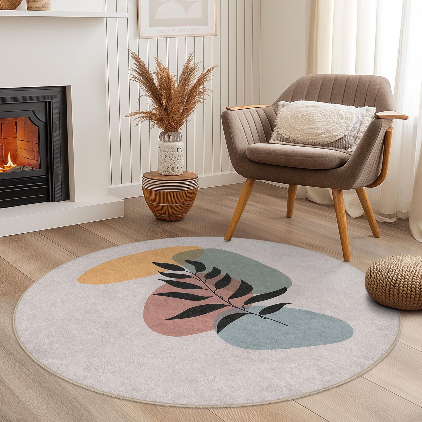 Abstract Leaf Round Rug | Stylish Circular Area Carpet | Modern Home Decor | Soft Cotton Non-Slip Mat