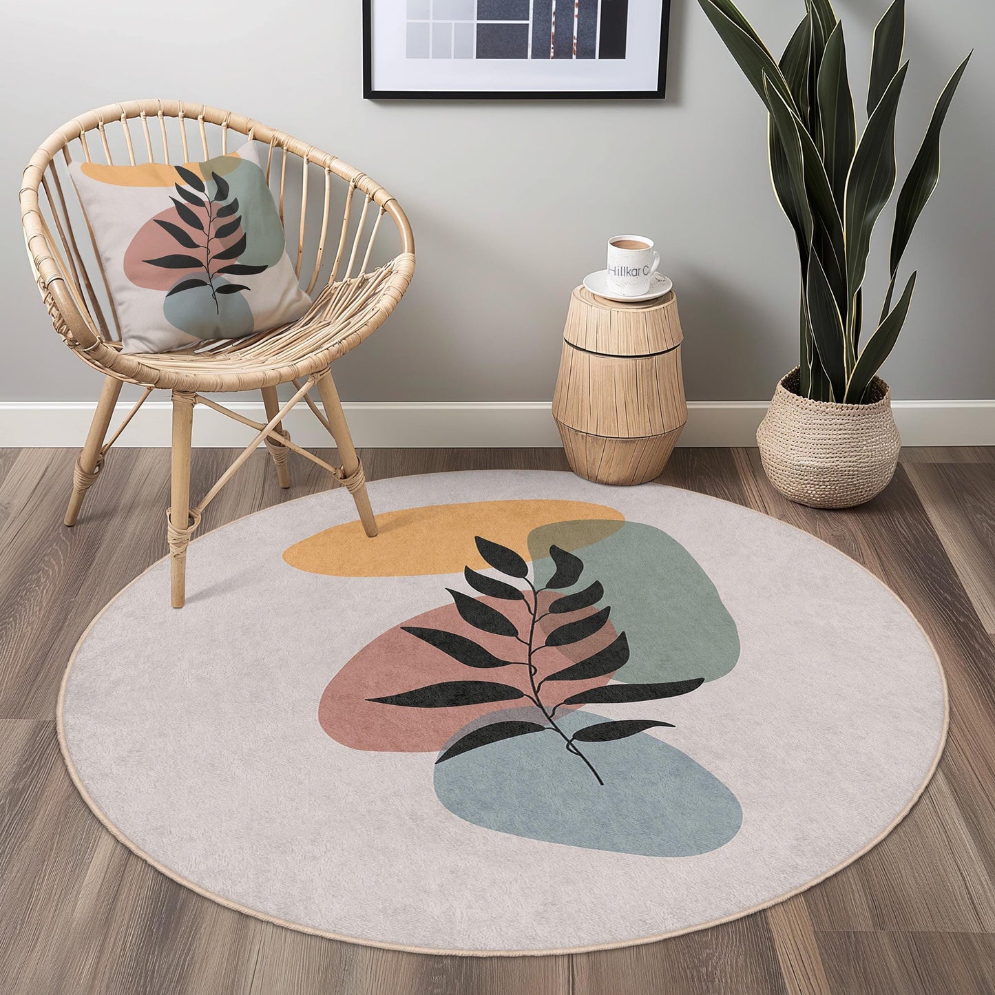 Abstract Leaf Round Rug | Stylish Circular Area Carpet | Modern Home Decor | Soft Cotton Non-Slip Mat