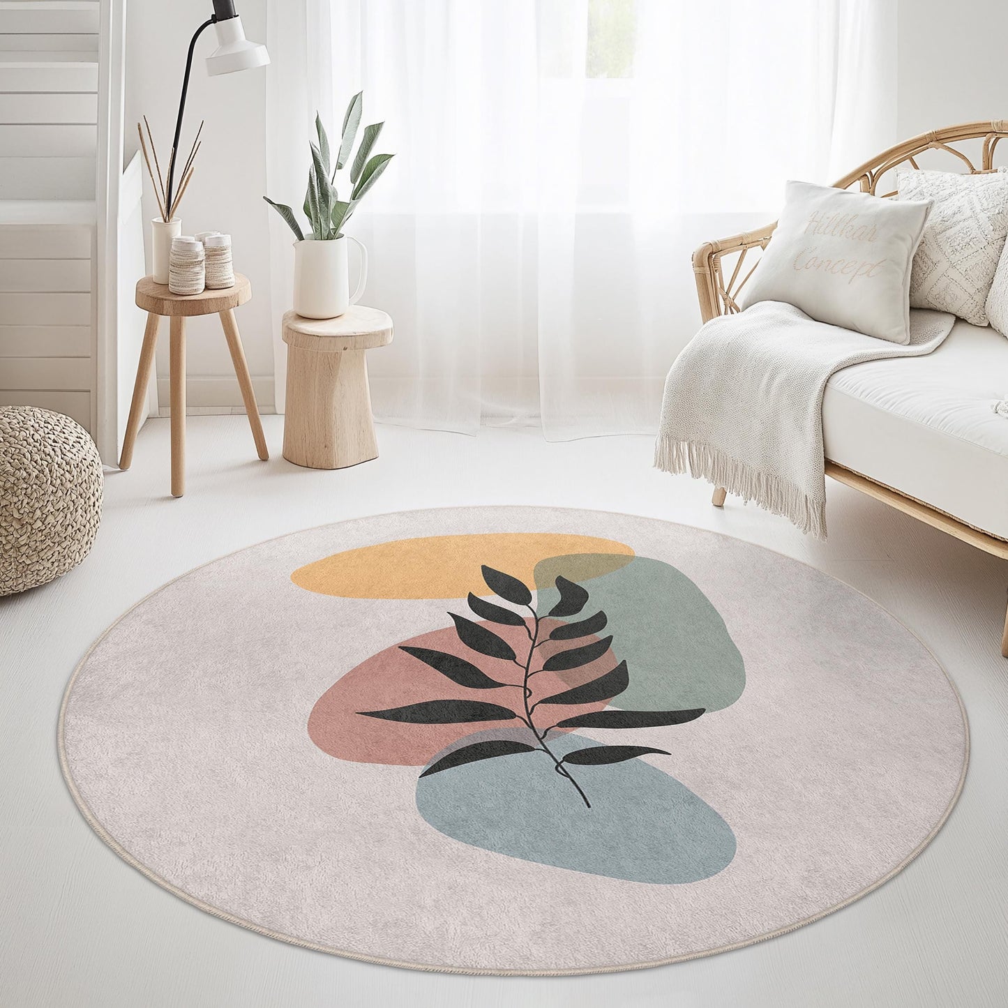 Abstract Leaf Round Rug | Stylish Circular Area Carpet | Modern Home Decor | Soft Cotton Non-Slip Mat