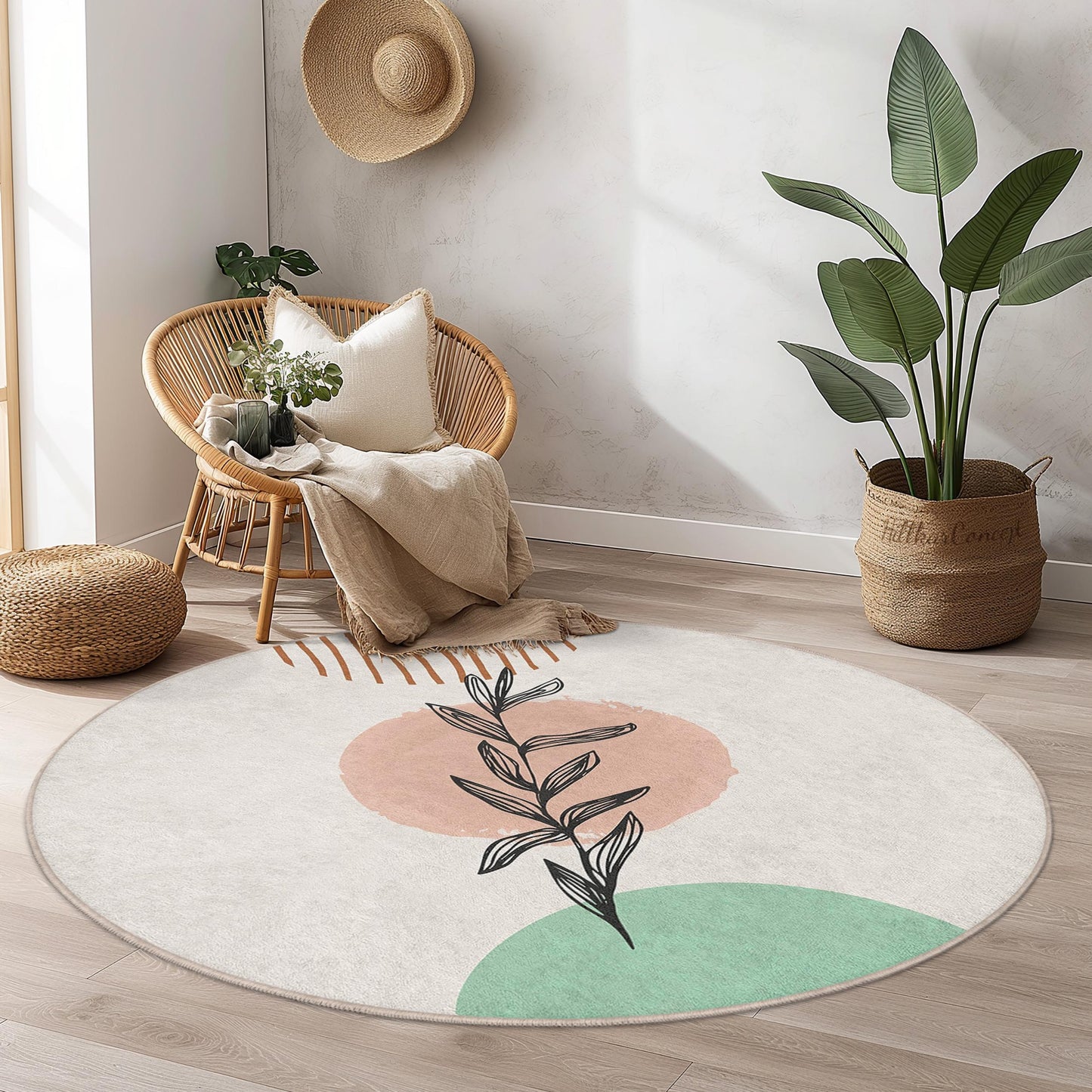 Abstract Botanical Round Area Rug | Modern Art Decor | Soft Cotton Washable Carpet for Living Room | Unique Home Accent